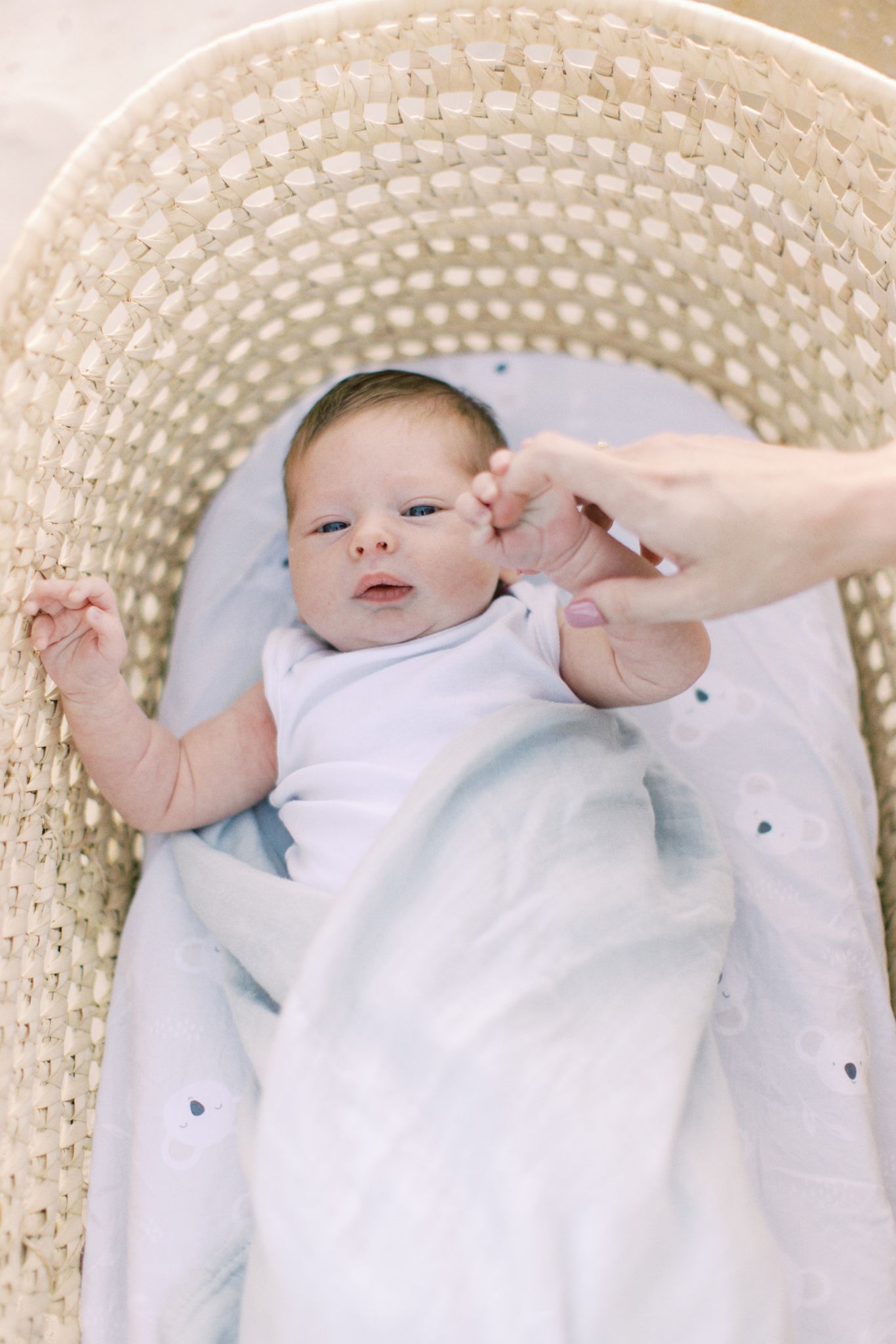 A sequence of images showing a baby in white clothing lying on a woven basket with hands reaching in to adjust.
