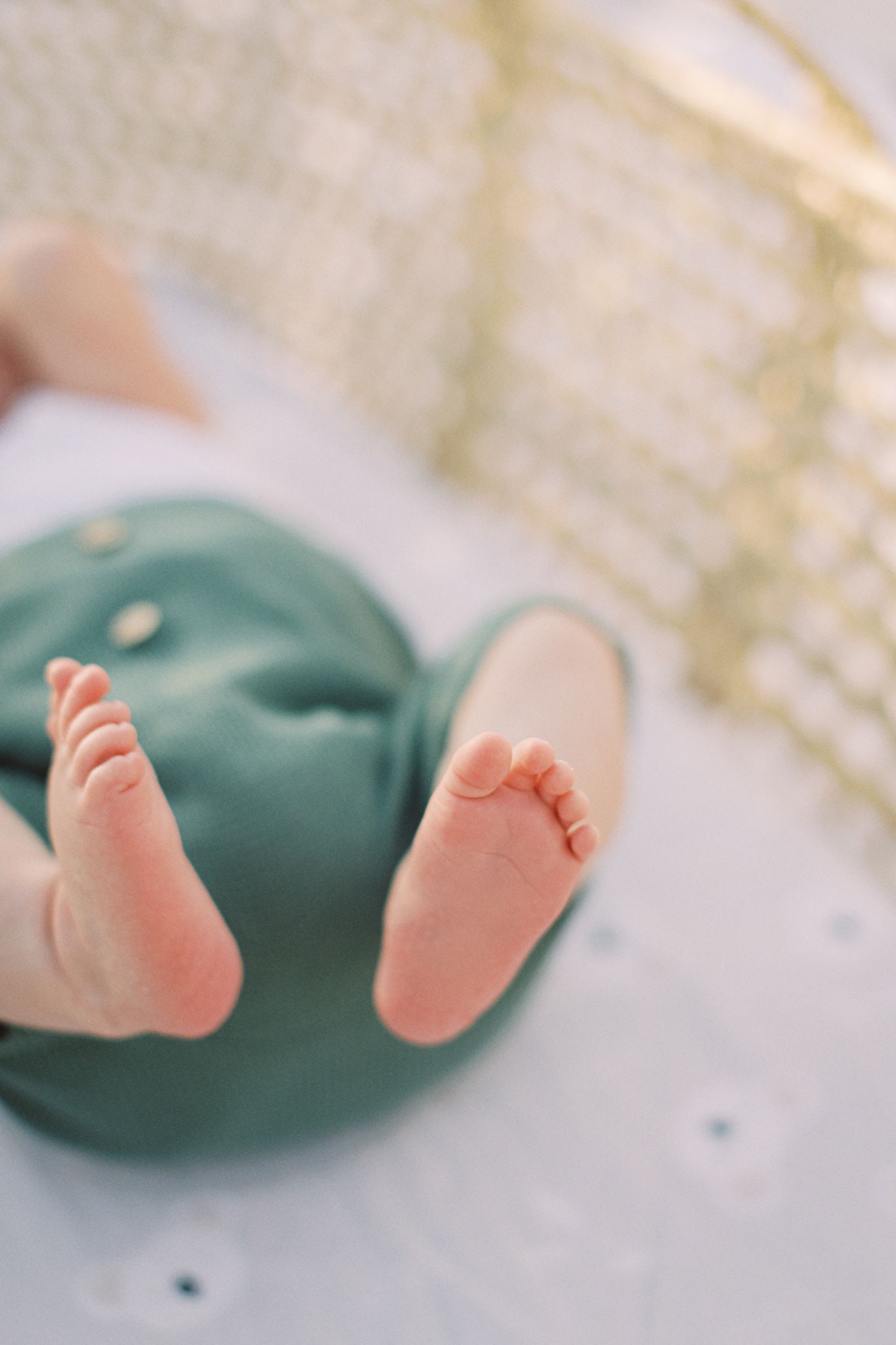 Close-up view of tiny baby feet against a soft background with a teal colored cloth.