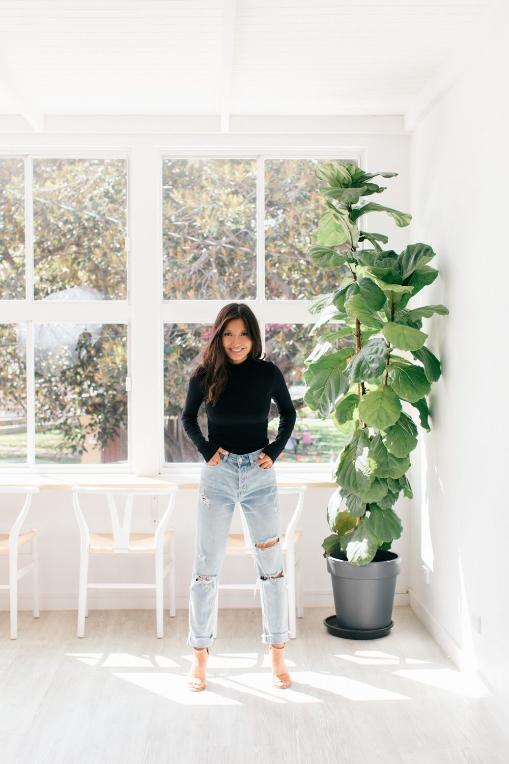 Bright interior space with large windows, distressed jeans, black turtleneck and a tall fiddle leaf fig plant in corner.
