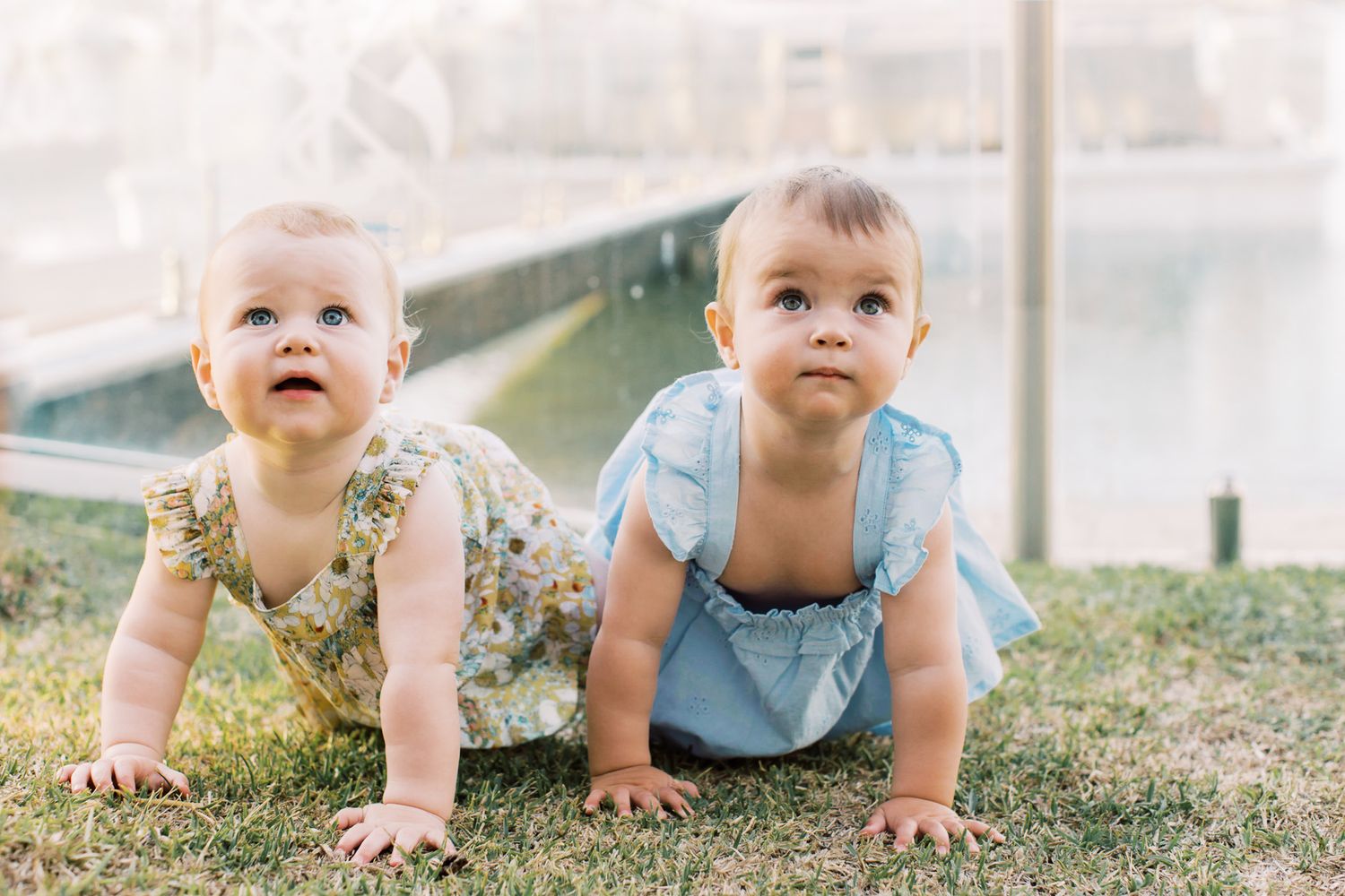 Two babies in light colored outfits crawl together on grass during a sunny day.