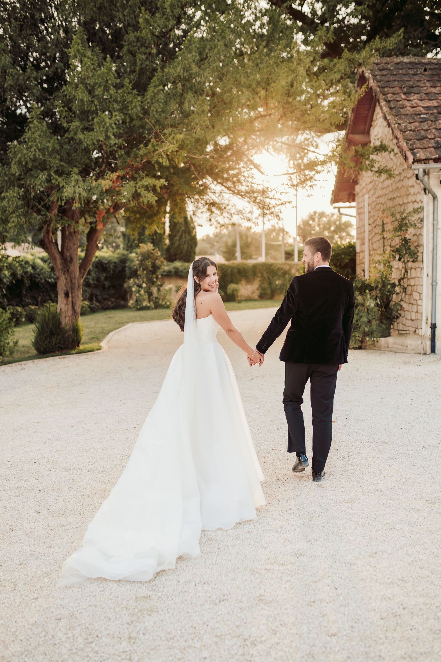 Sunset wedding photography session on the grounds of a historic estate.