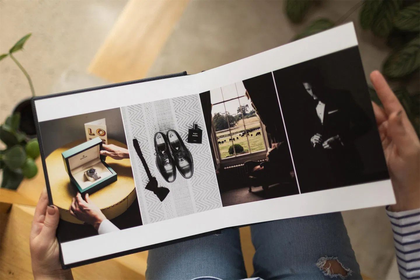 A wedding photo album layout showing detail shots of shoes, rings, and decorative elements in black and white.
