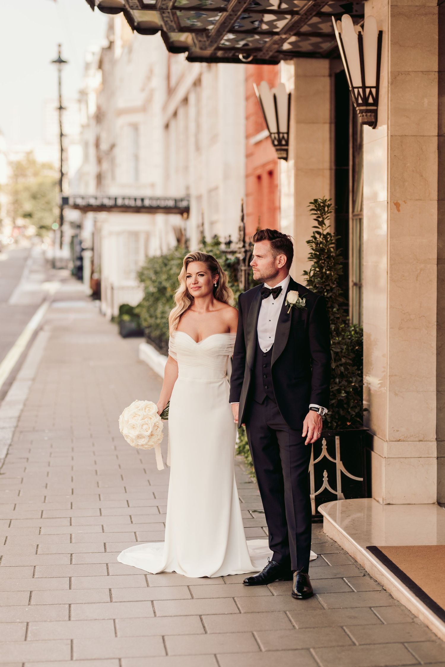 Bride and groom at Claridge’s Art Deco ballroom.