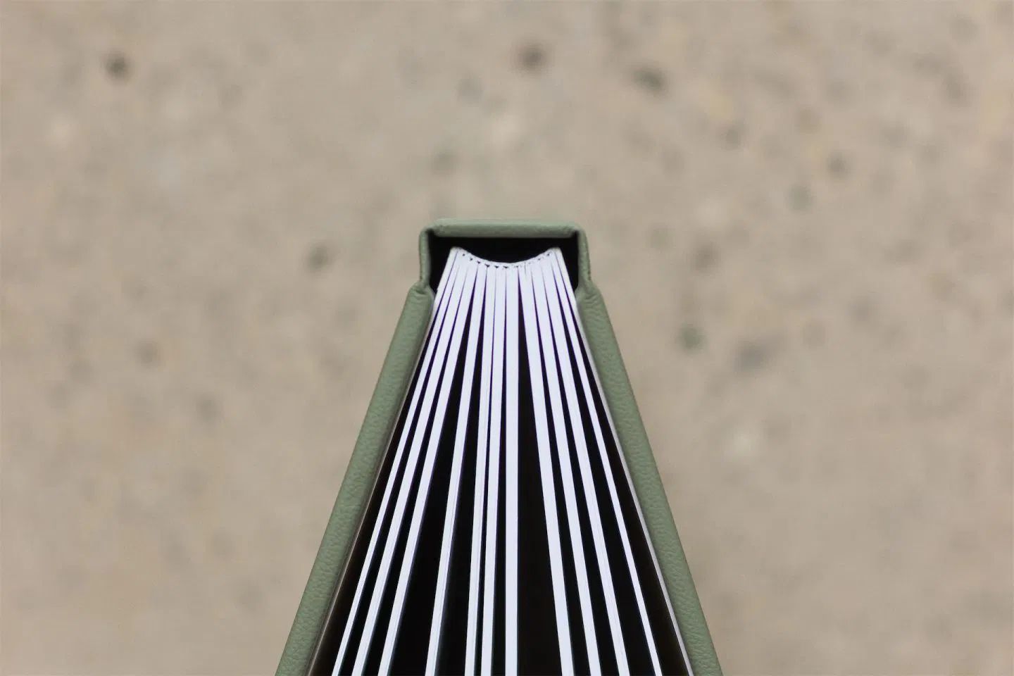 Close-up view of a white photo album spine showing elegant binding details.