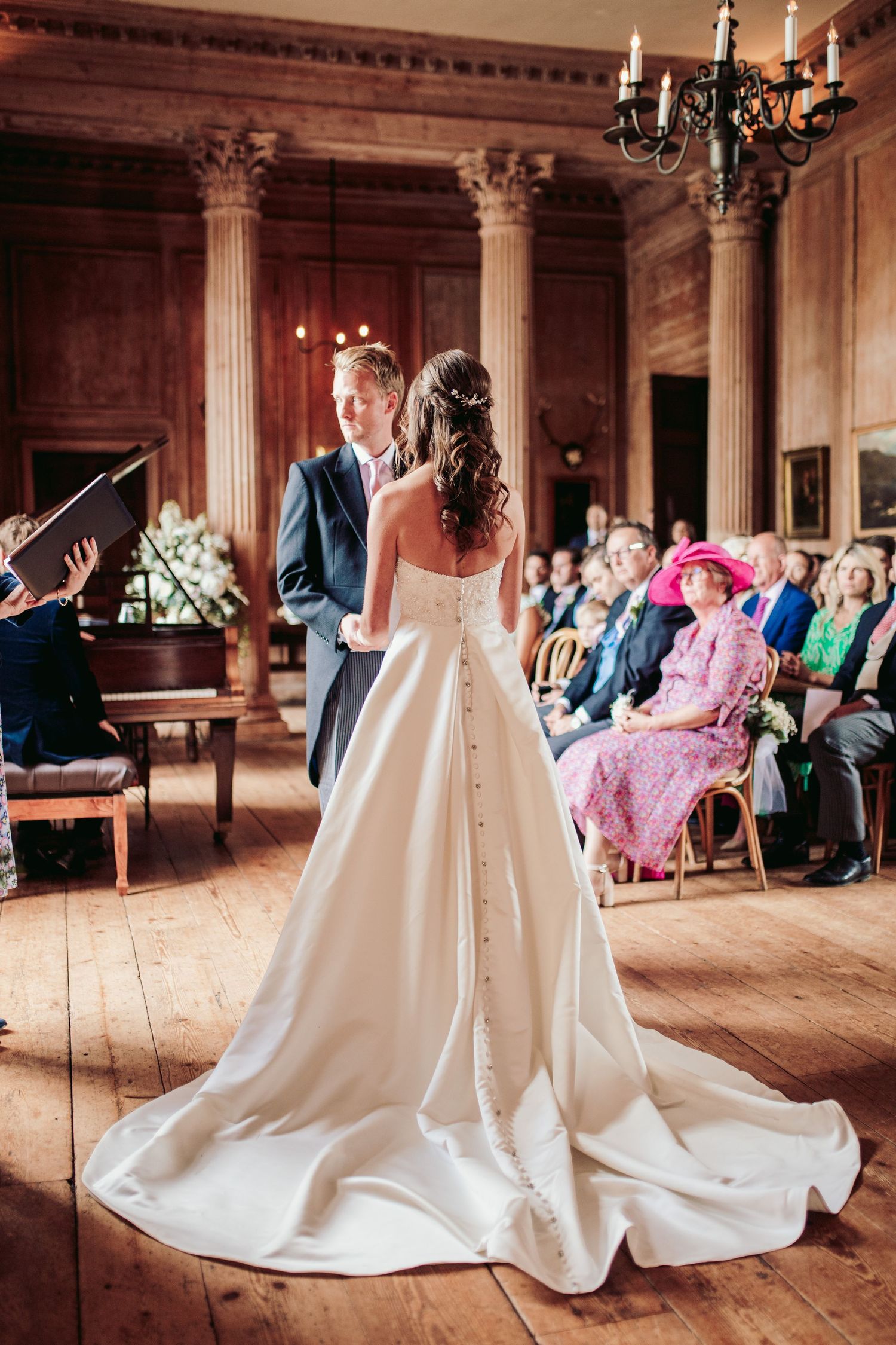 Glemham Hall Wedding Venue in Suffolk Countrysid Exchange Vows in Glemham Hall's Great HallTable Setup in Marquee with Pastel Flowers