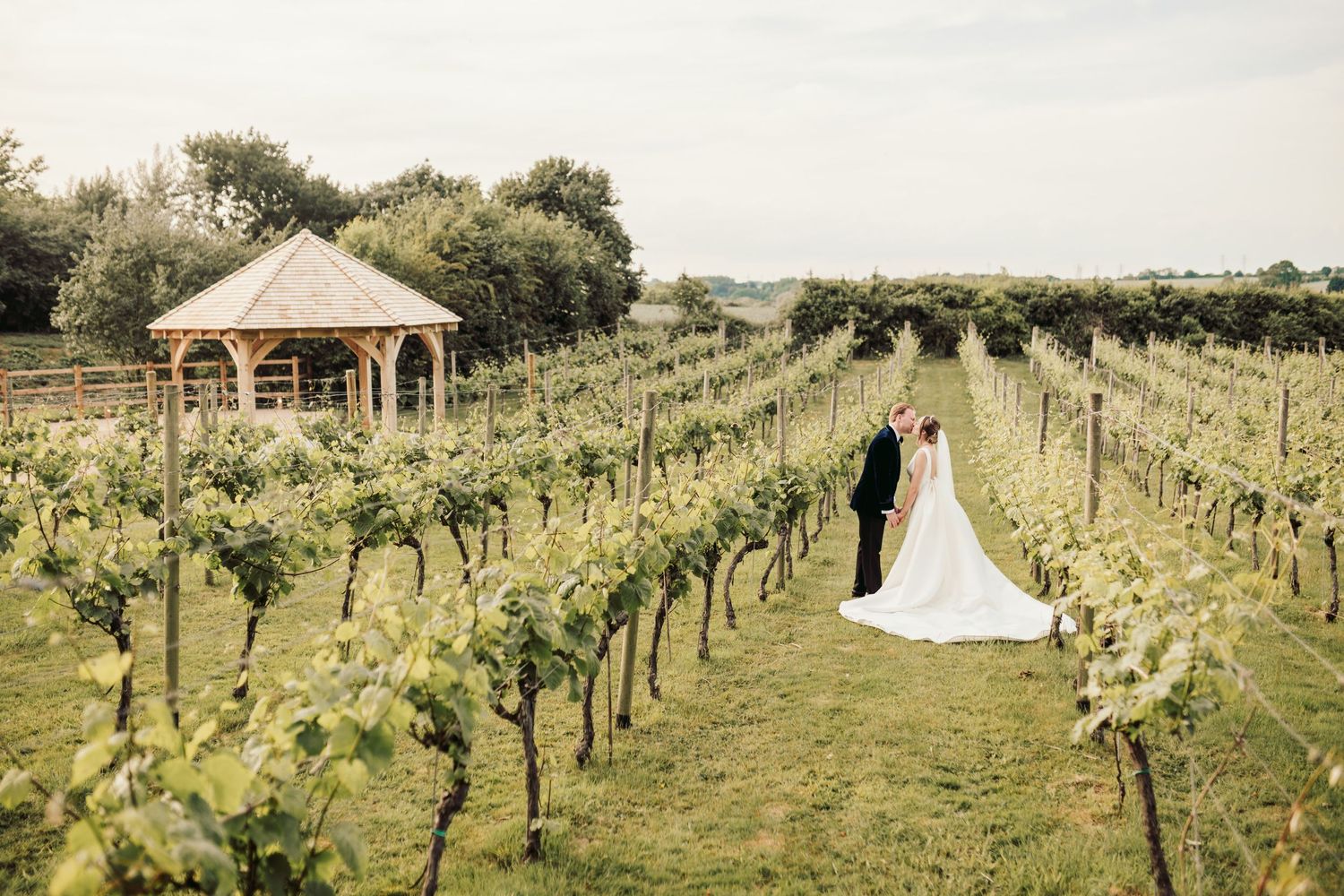 A couple celebrates their wedding day in a scenic vineyard setting with a white gazebo and rolling grapevines.