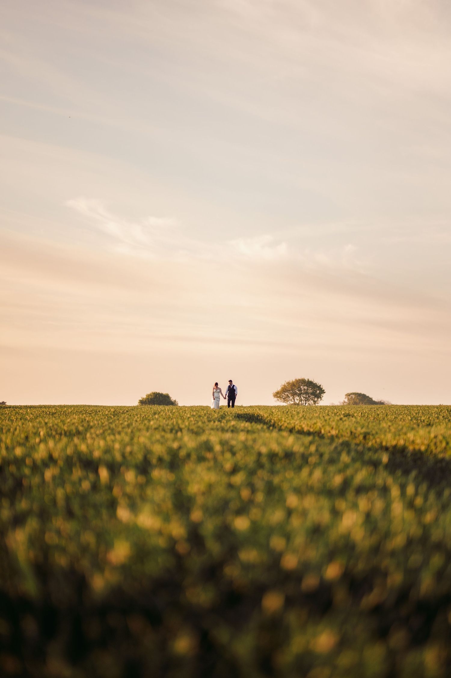 Silhouettes of a couple standing on a hill against a golden sunset over a field.