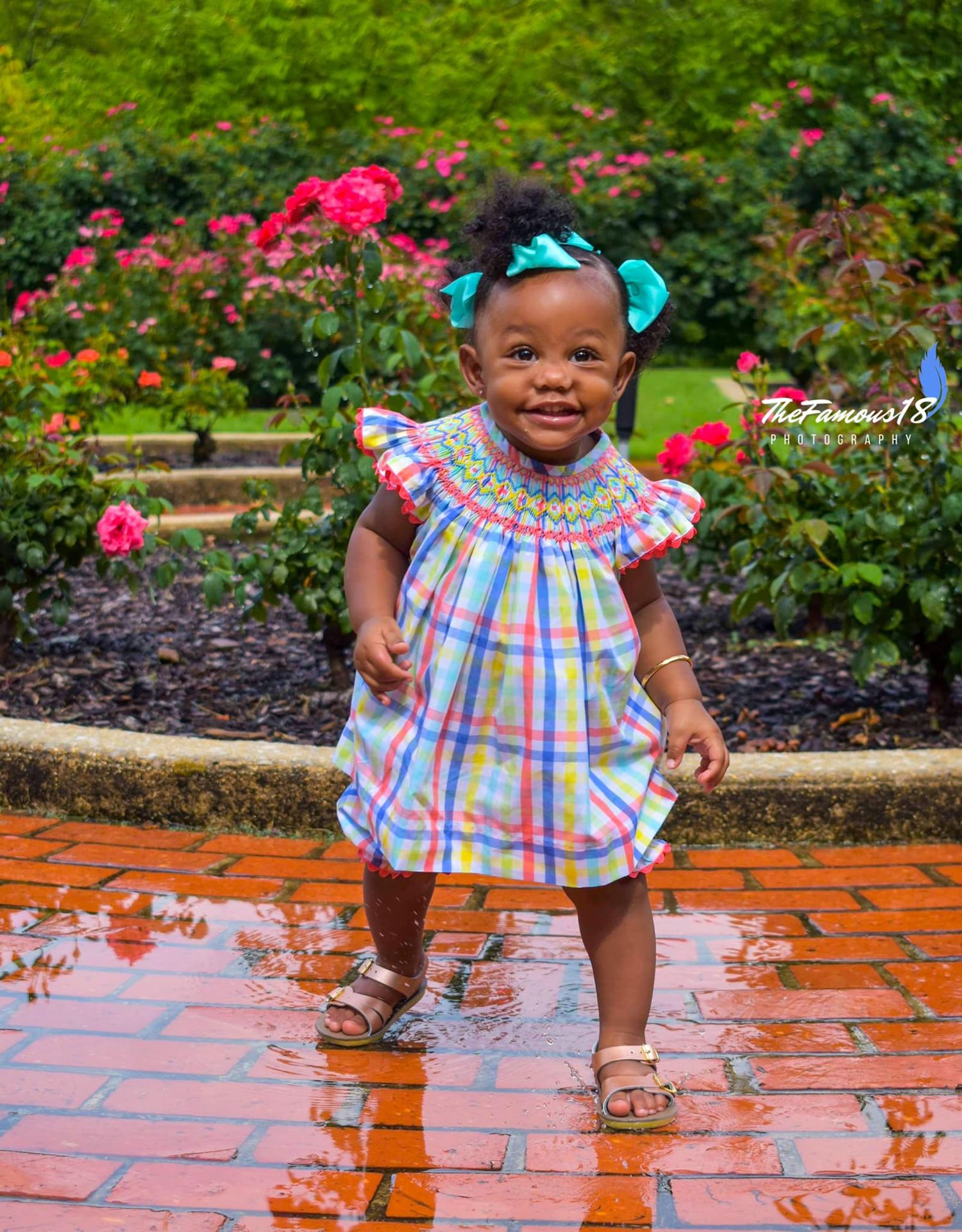 Adorable toddler girl in colorful plaid smocked dress with teal bow stands on brick path in rose garden.