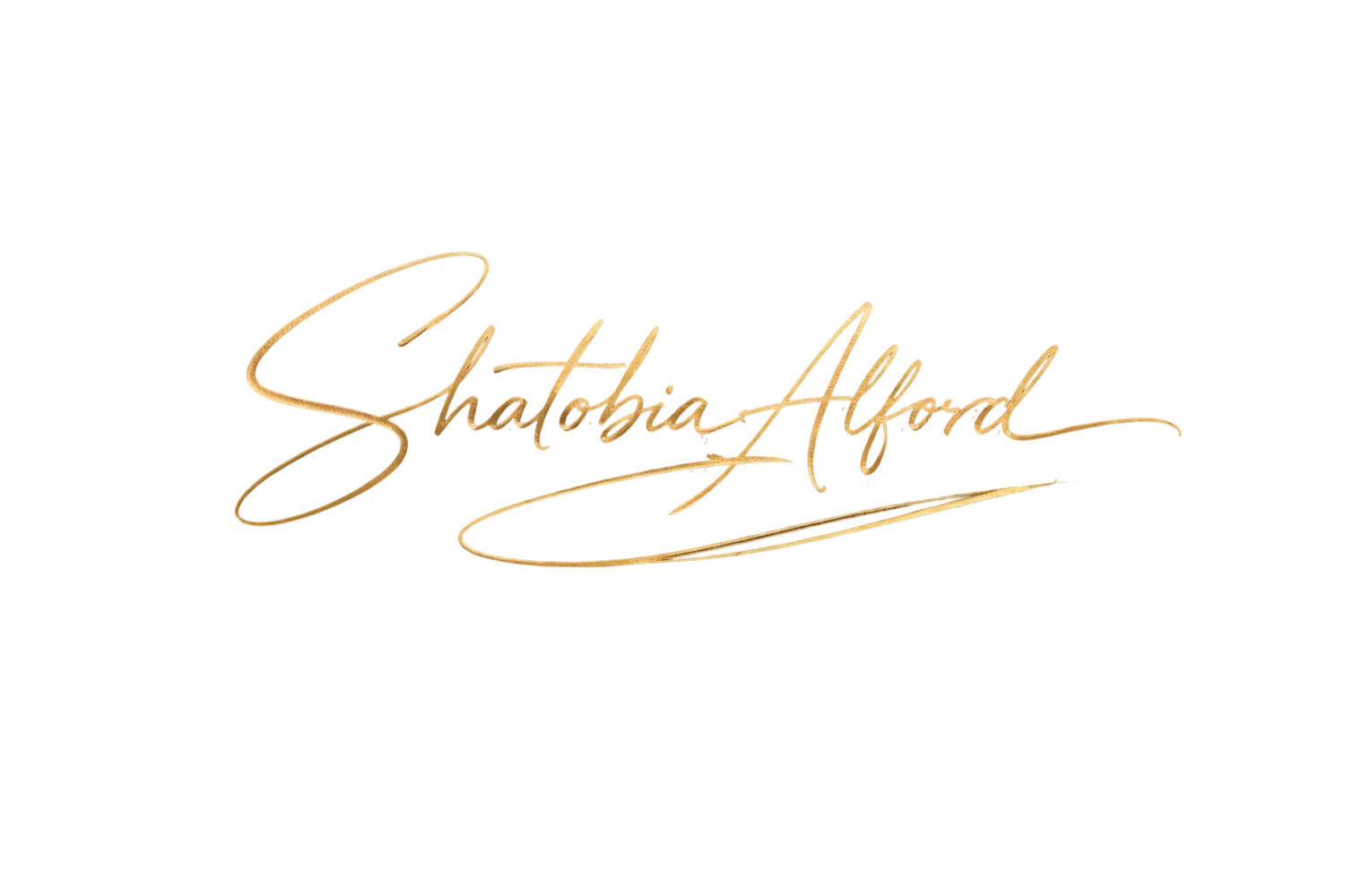 Elegant gold cursive signature logo reading Shatobia Alford on a clean white background.