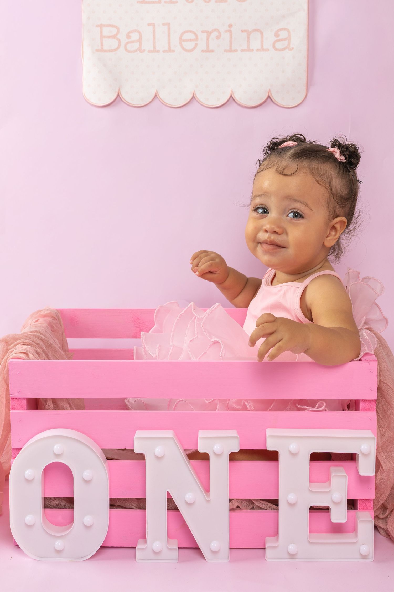 Adorable baby girl in pink tutu sits in pink crate with ONE marquee letters at her first birthday party.