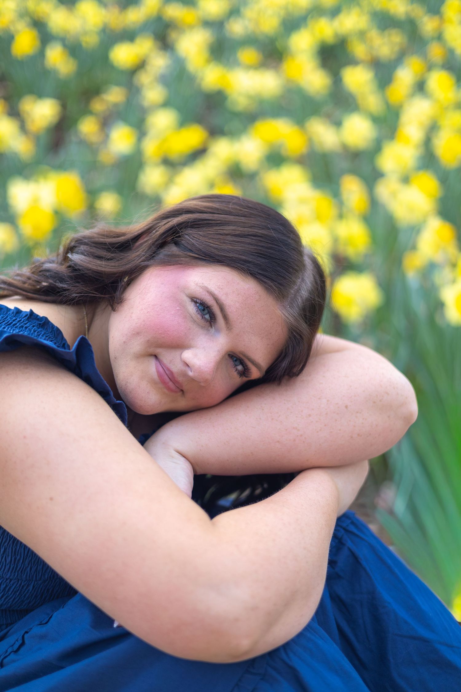 A person in a blue dress rests on their arms while posing in a field of bright yellow daffodils on a sunny spring day.