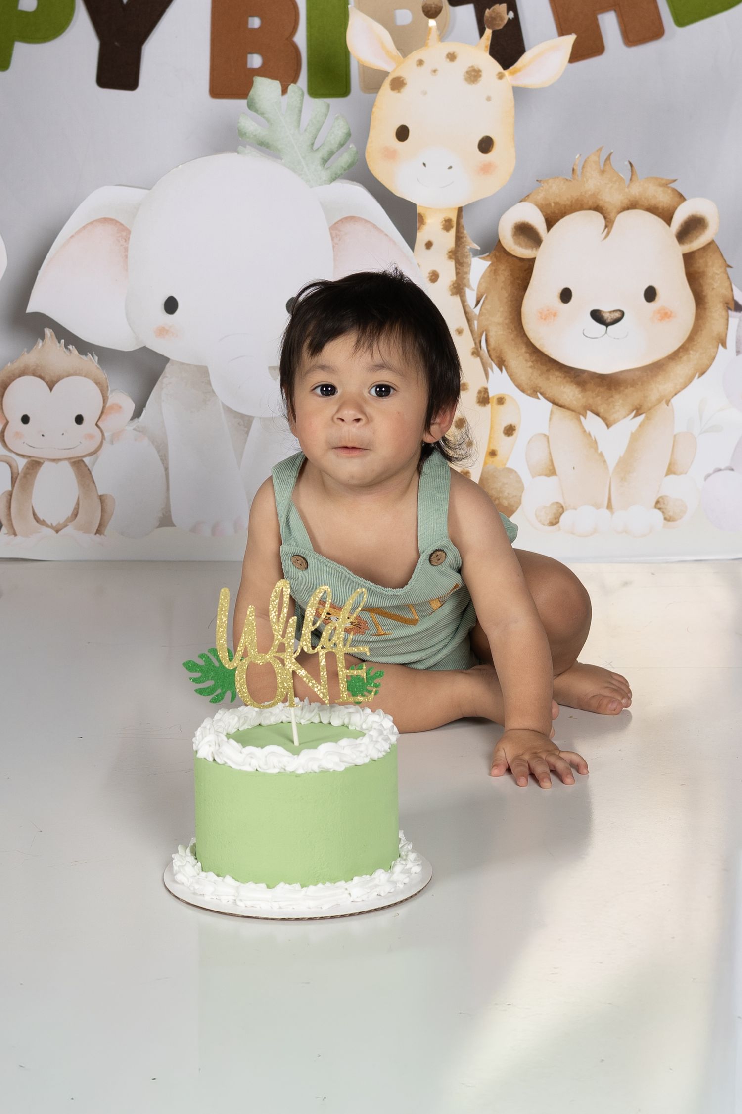 Baby's first birthday cake smash with a green Wild One cake and safari animal decorations in the background.