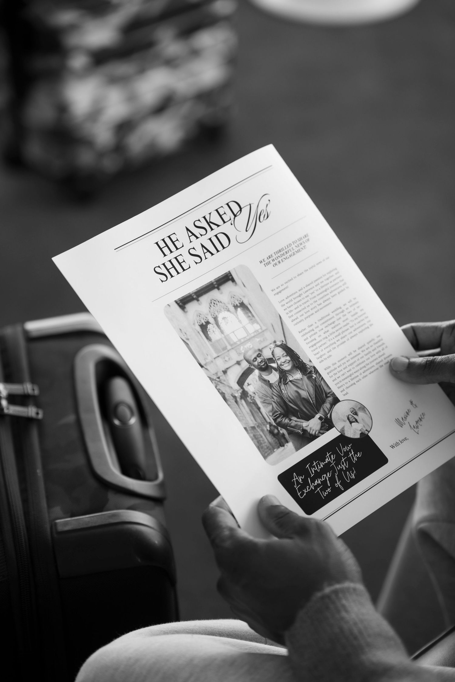Black and white images of hands holding wedding photo album pages. Engagement photoshoot