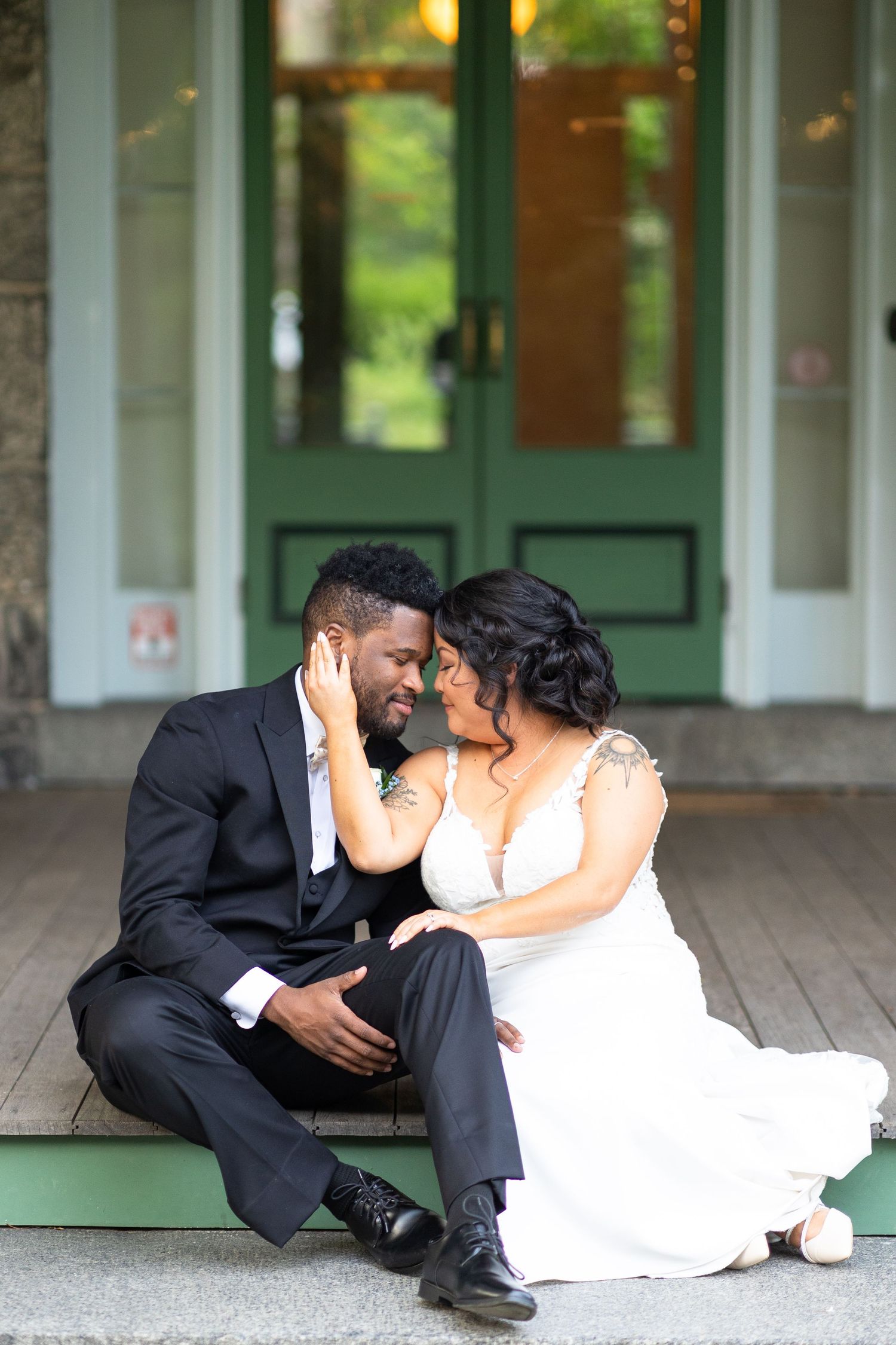 A romantic photo sequence of a couple in formal attire sitting together on a covered porch.
