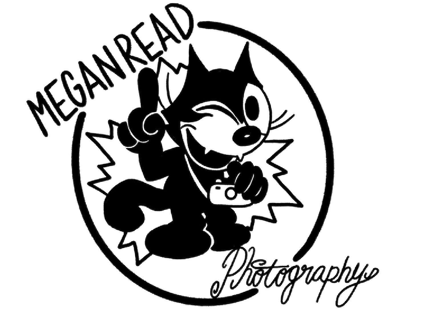 A retro-style cartoon logo featuring a Felix the Cat character with photography text.