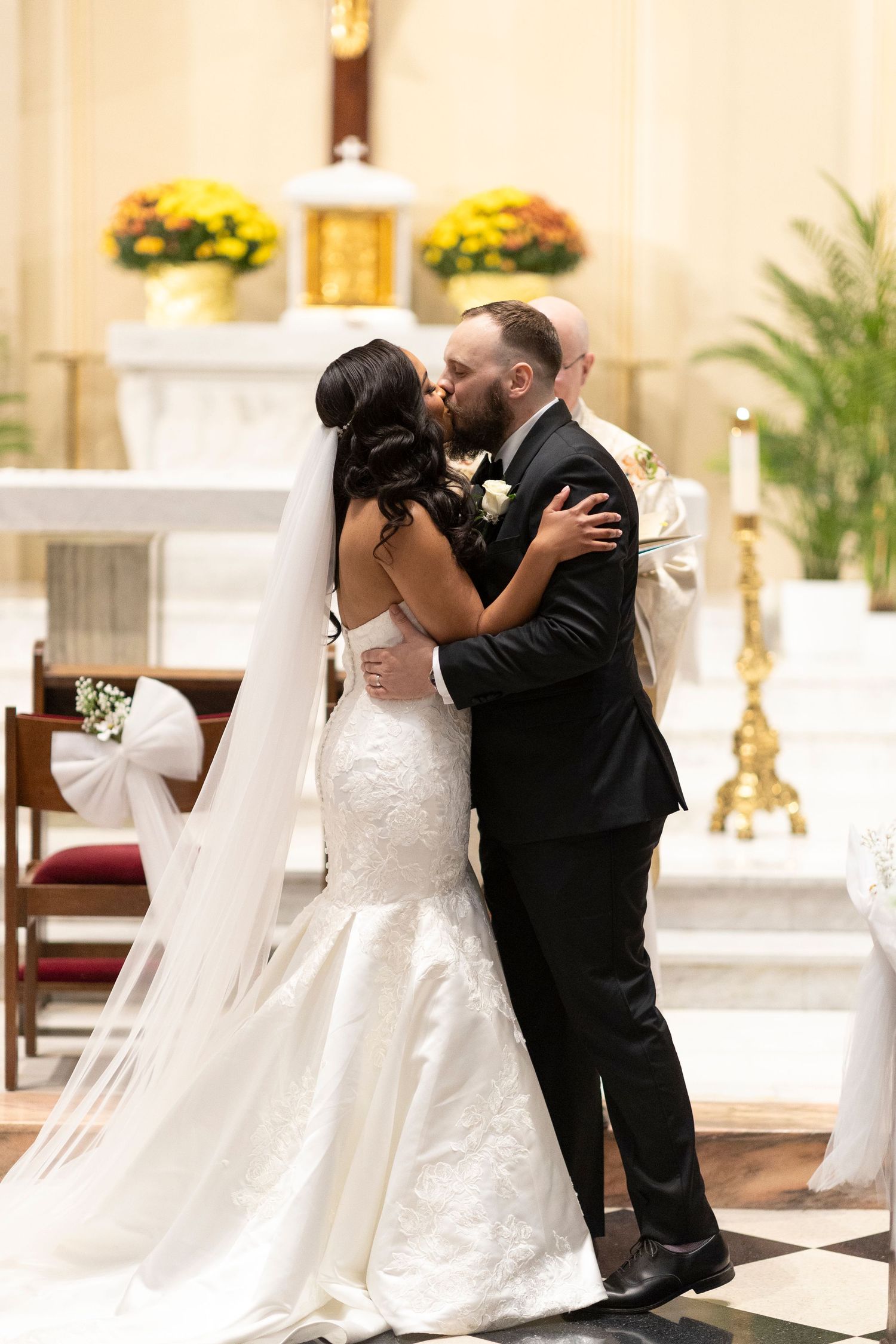 Romantic wedding ceremony moments captured in sequence at an ornate church altar.