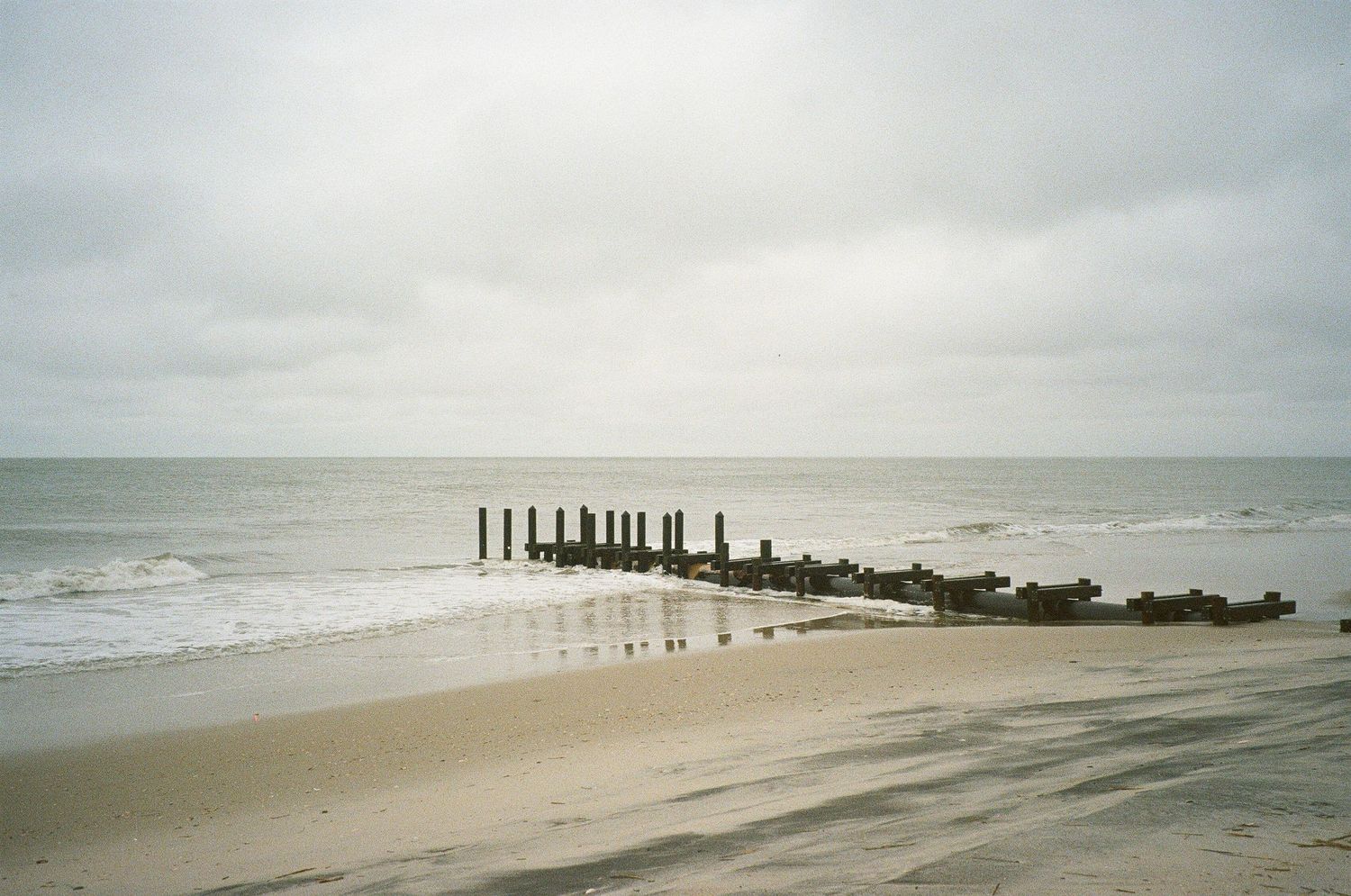 Misty coastal landscape with wooden pilings extending into ocean.