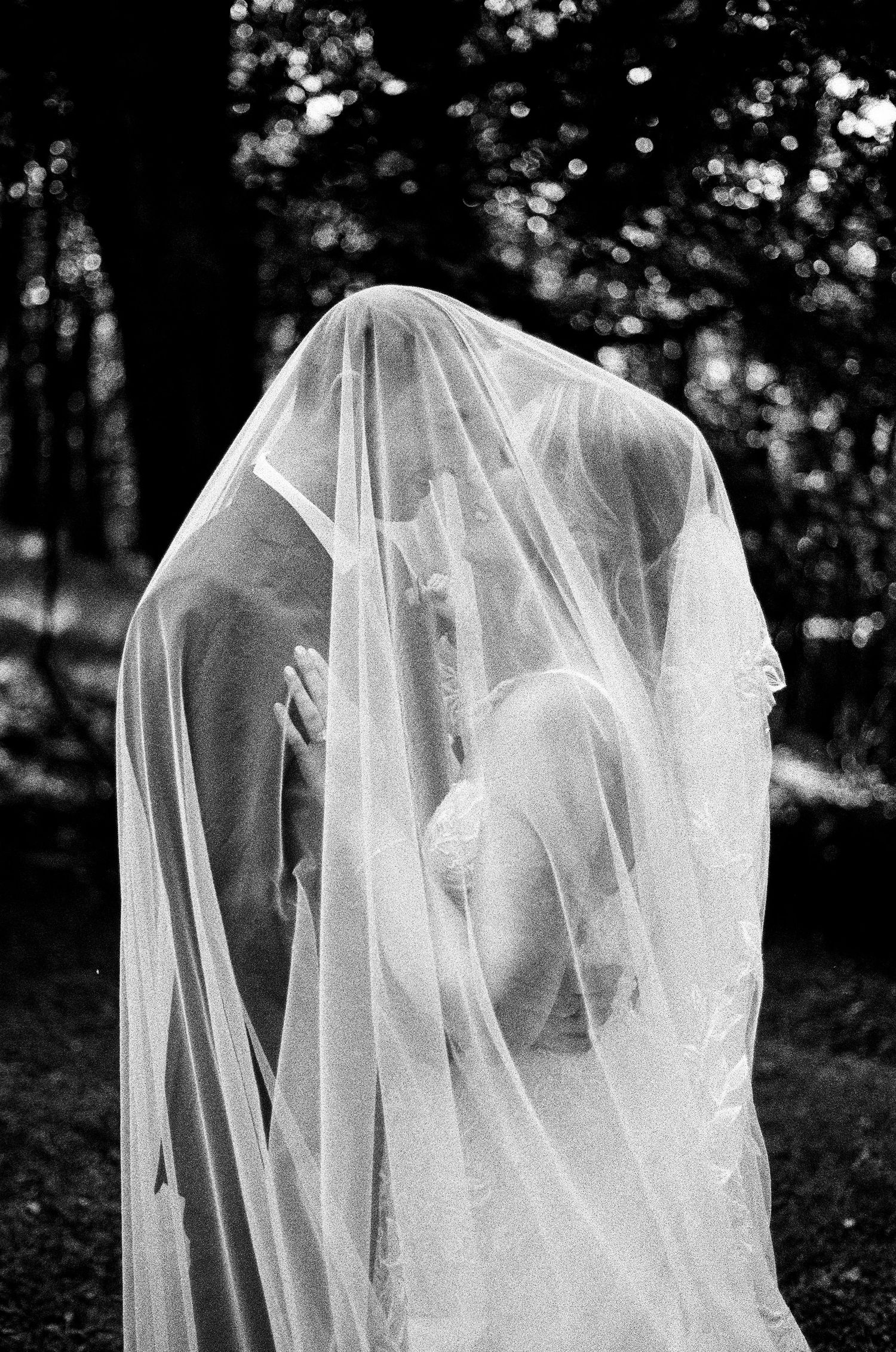 Black and white photo of bride and groom kissing under a flowing wedding veil outdoors.