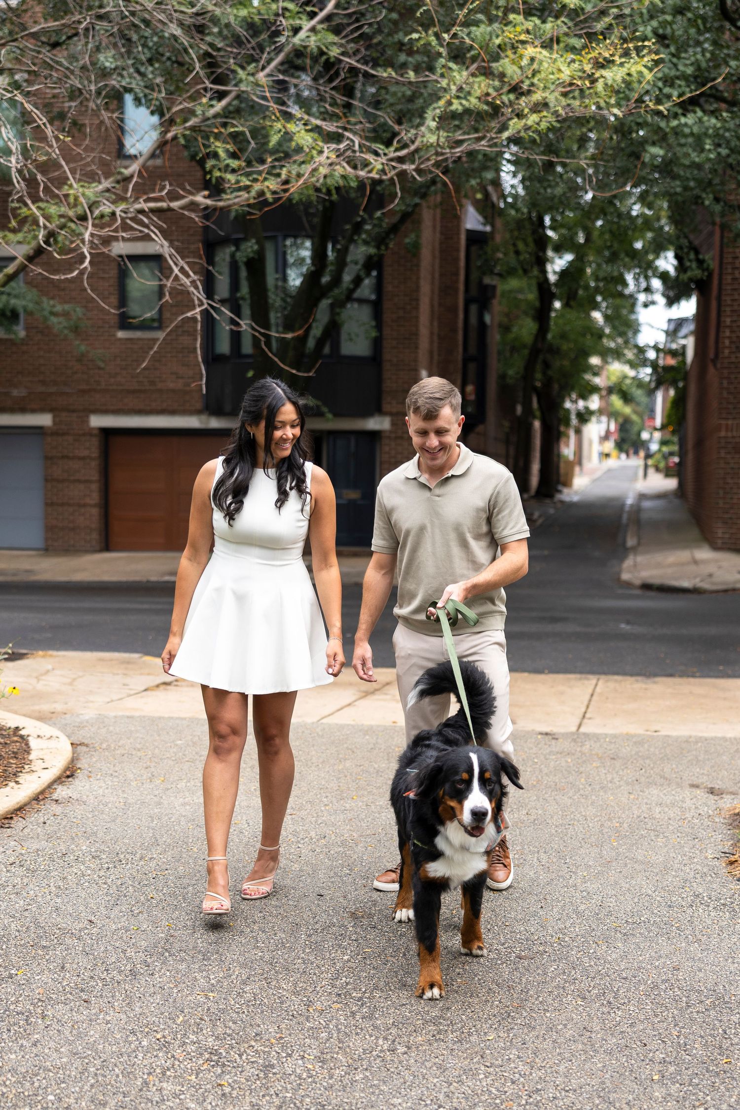 A couple walks their Bernese Mountain Dog on a gravel path near brick buildings.