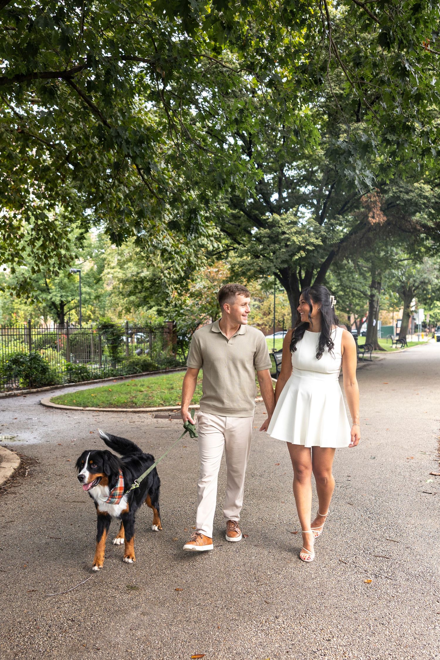 A couple strolls with their Bernese Mountain Dog under green leafy trees.
