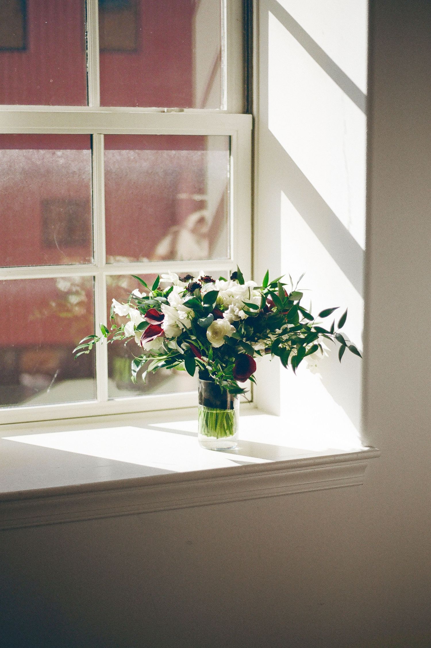Sunlit window sill decorated with fresh floral arrangements in glass vases.