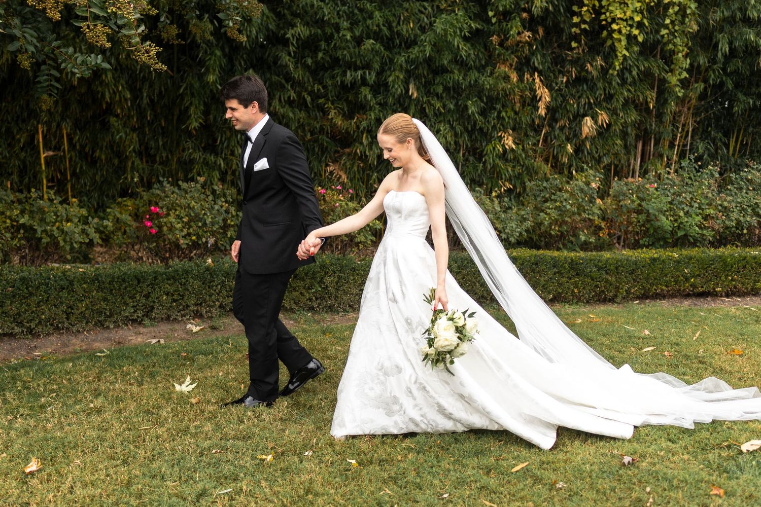 A playful sequence of wedding photos captured in a lush garden setting.