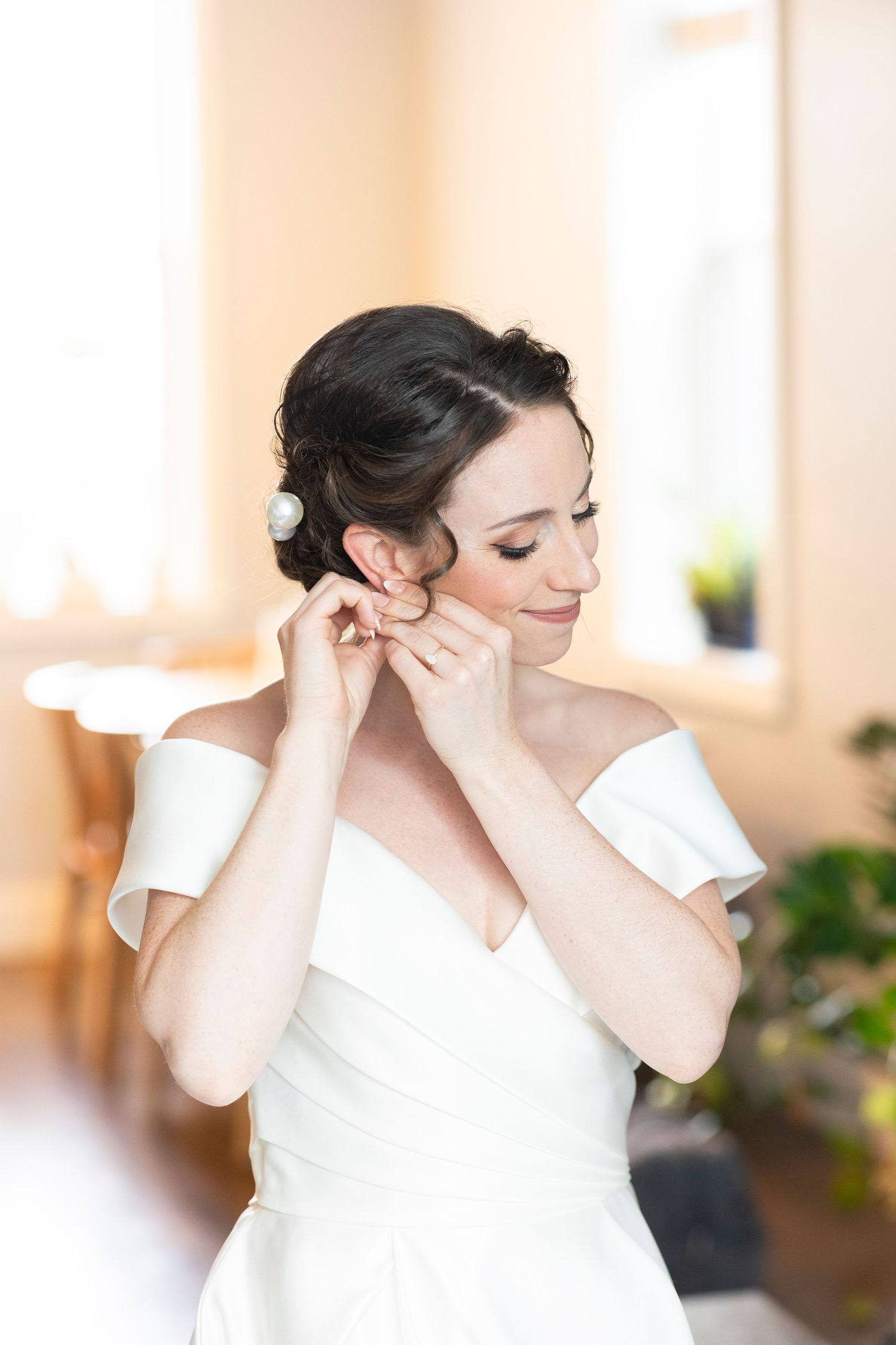 Wedding dress preparation sequence showing final touches and adjustments.