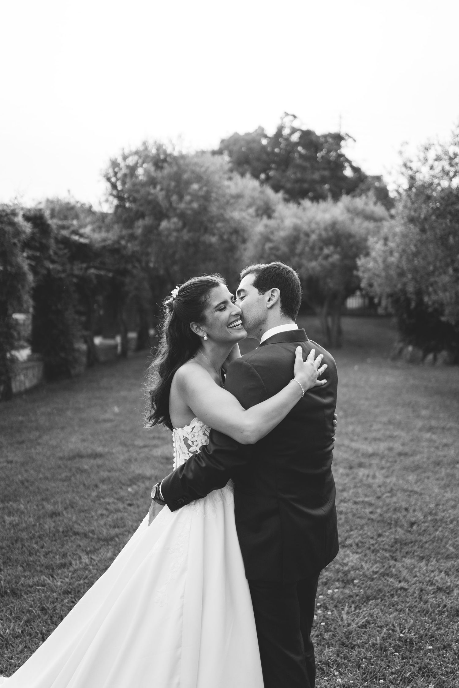 Romantic black and white portrait of bride and groom in Portugal
