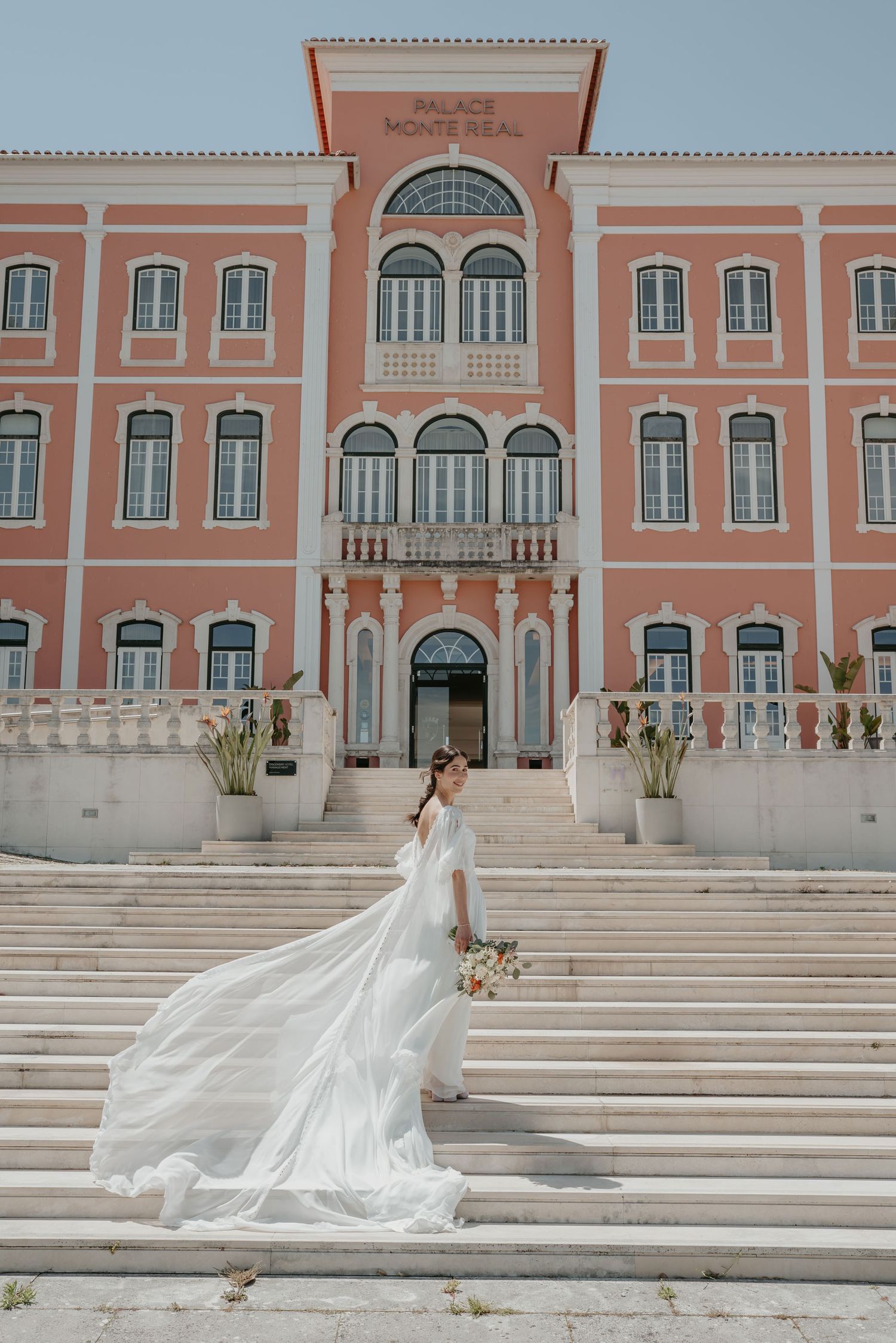 Bride in wedding dress at Hotel das Termas de Monte Real, Leiria, Portugal