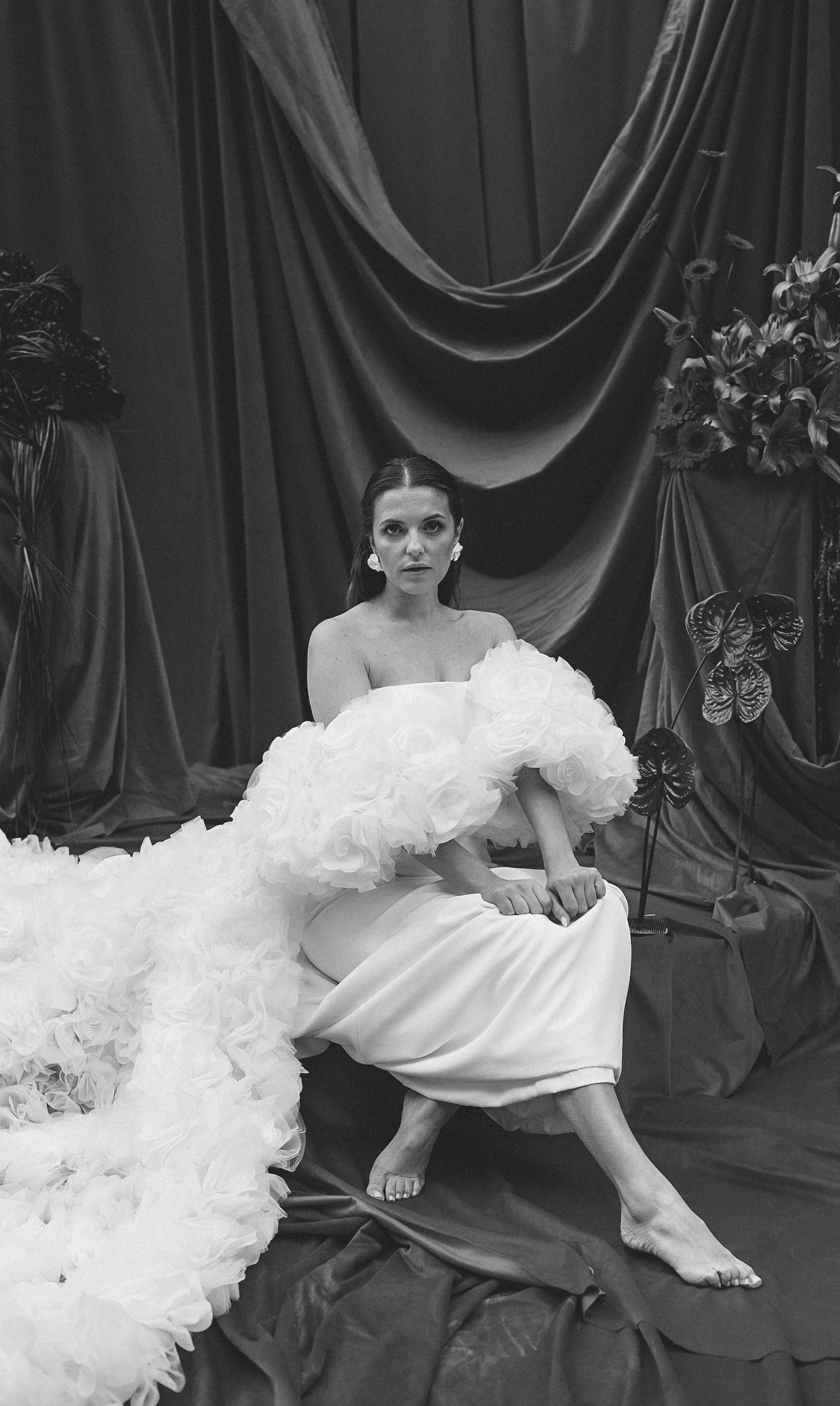 Editorial black and white bridal portrait at Camélia Gardens in Sintra, Portugal