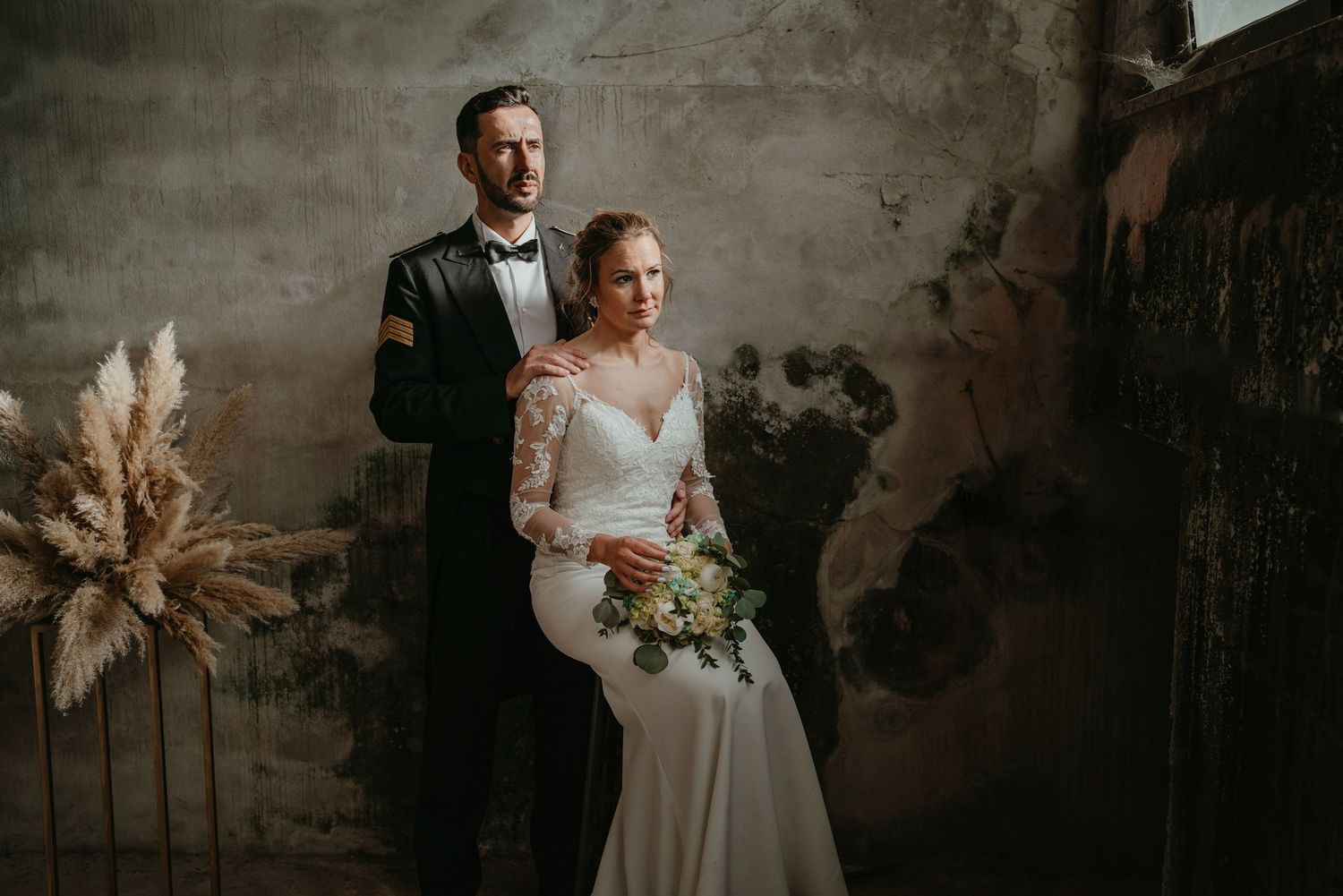Bride and groom in an elegant fine art wedding portrait in Portugal
