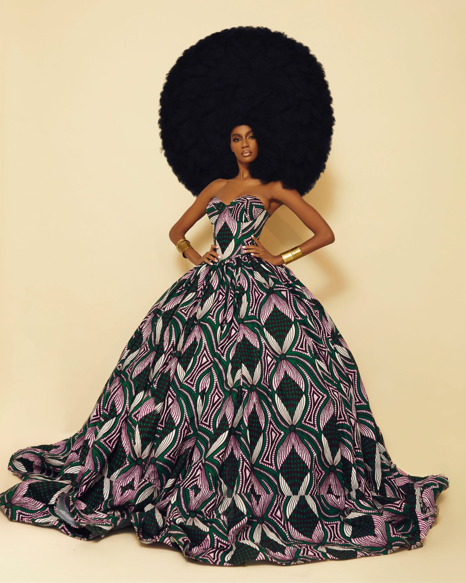Fashion model wearing a dramatic black and white patterned full-length dress poses against neutral backdrop. Ebonee Davis photo by JPW