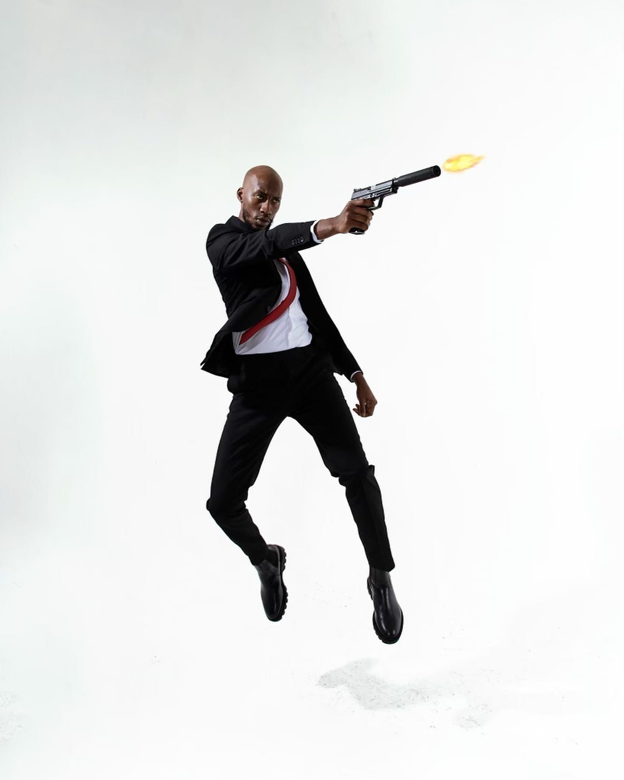 Action sequence of figure jumping and shooting against white background. PZ STUDIO VISUALS