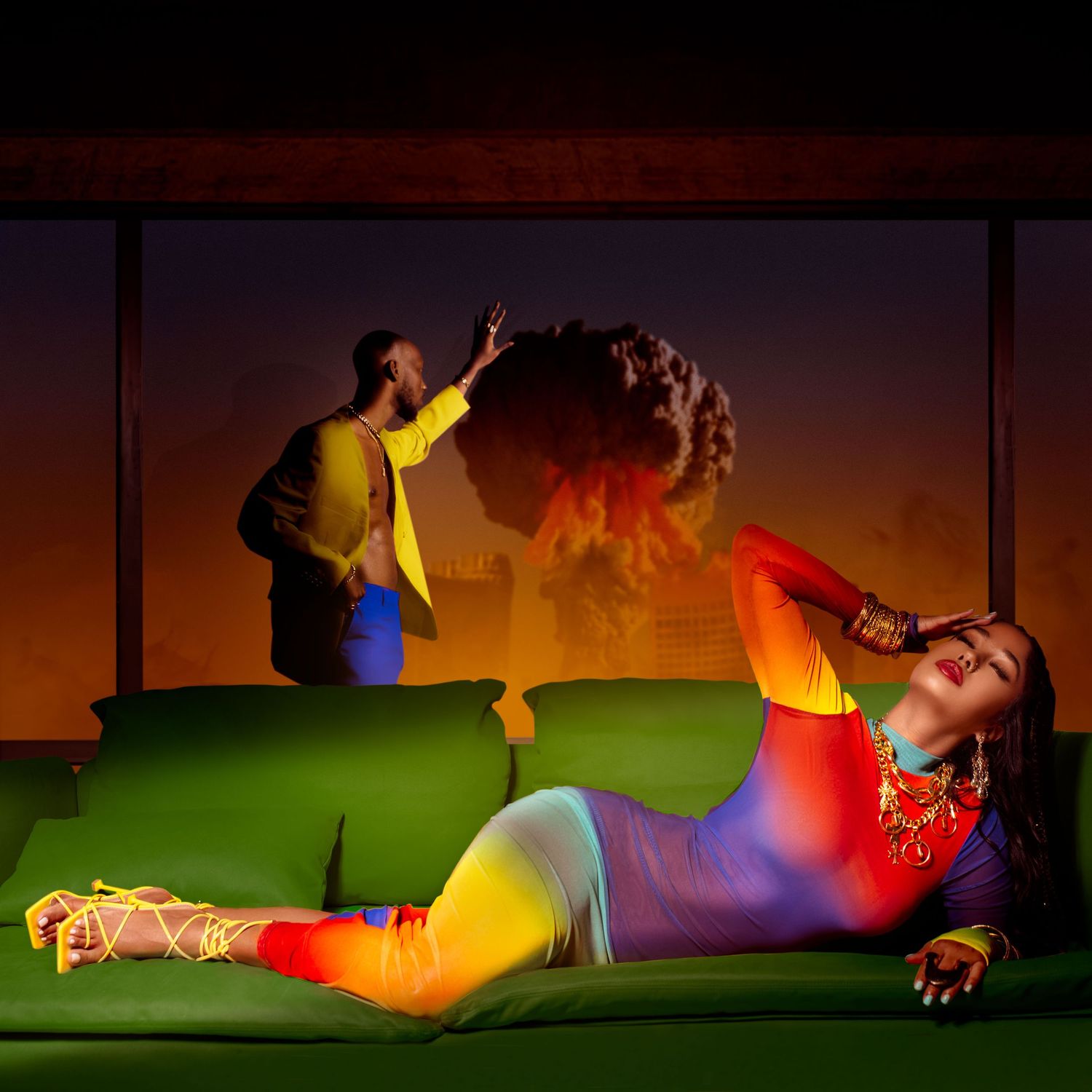 Colorful fashion editorial with rainbow gradient lighting effects on dark background. PZ STUDIO VISUALS x Essien Akan