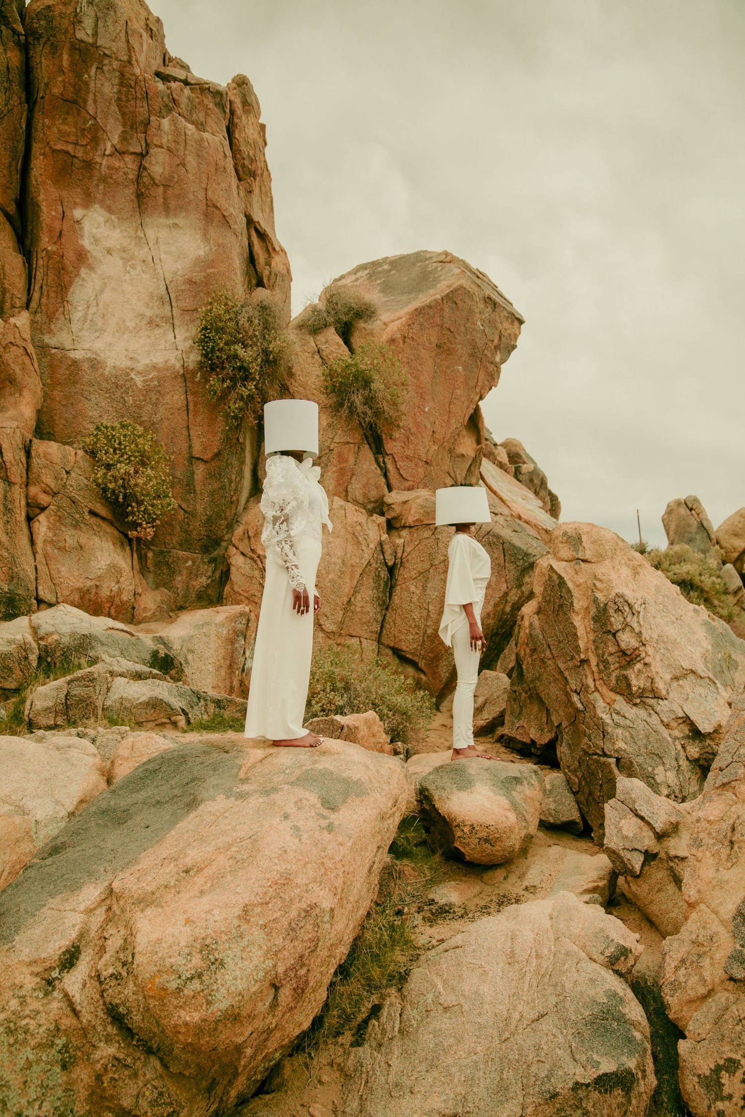 White geometric structures placed on rocky desert mountain terrain. PZ STUDIO VISUALS