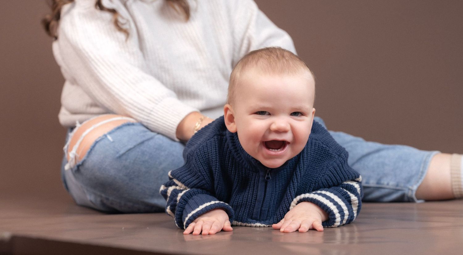 Series of candid shots on brown background showing playful interactions.