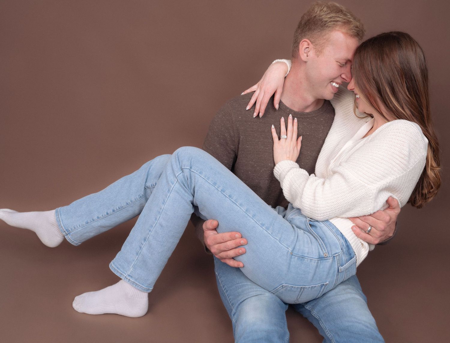 Casual lifestyle photos showing relaxed poses against brown background.