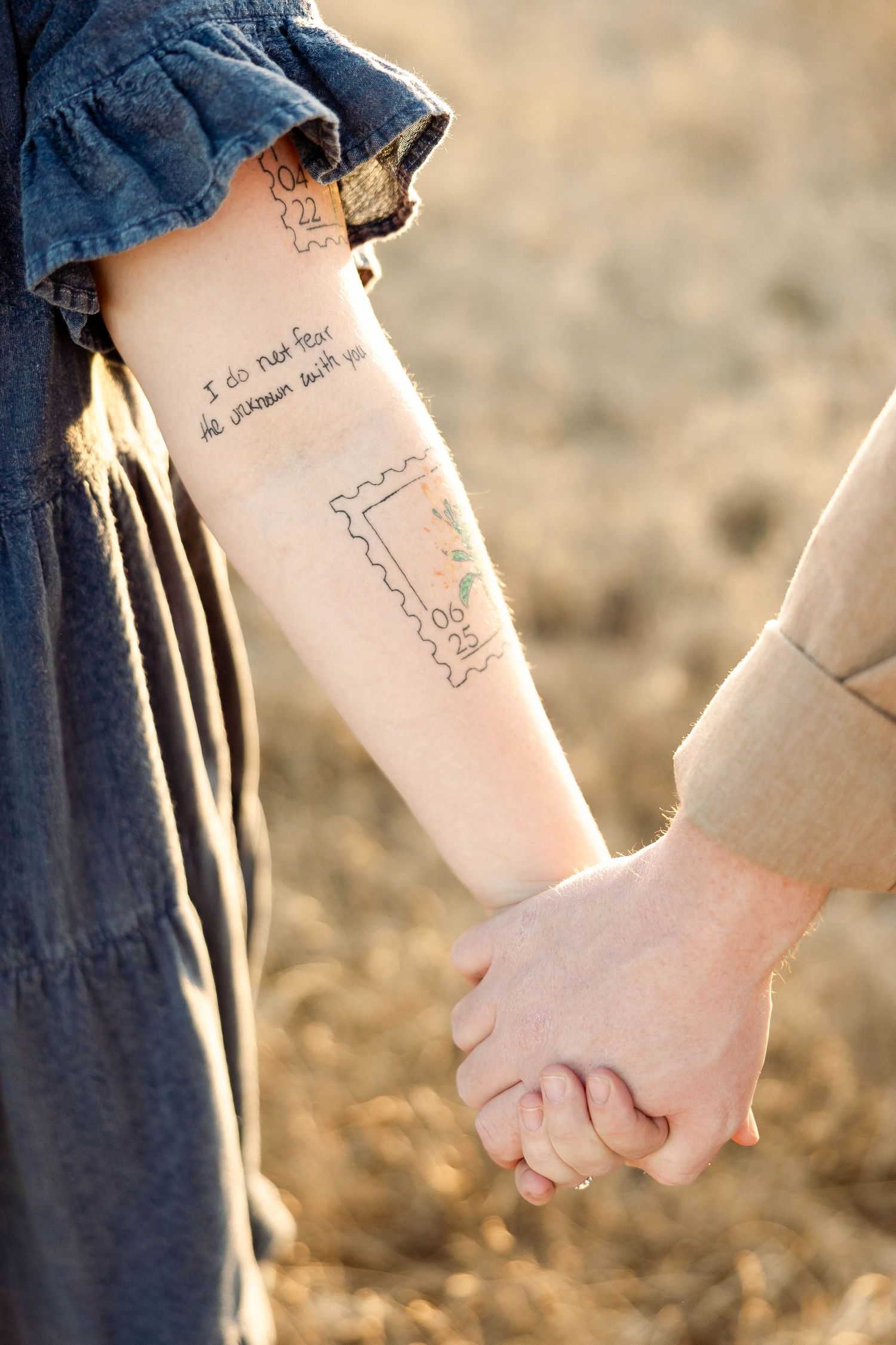 Close-up series showing a small tattoo on a forearm with jeans in the background.