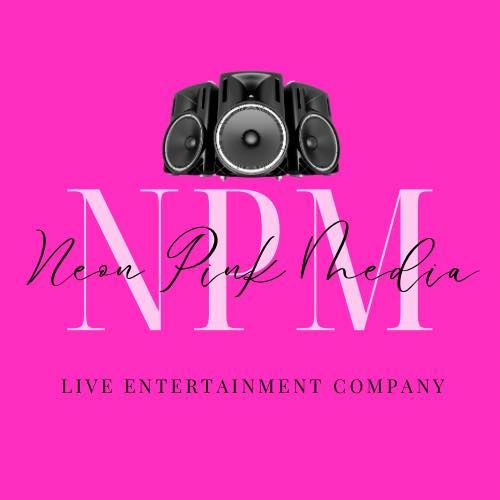 Neon pink logo design for Never Peak Media live entertainment company with white text and black speaker icon.