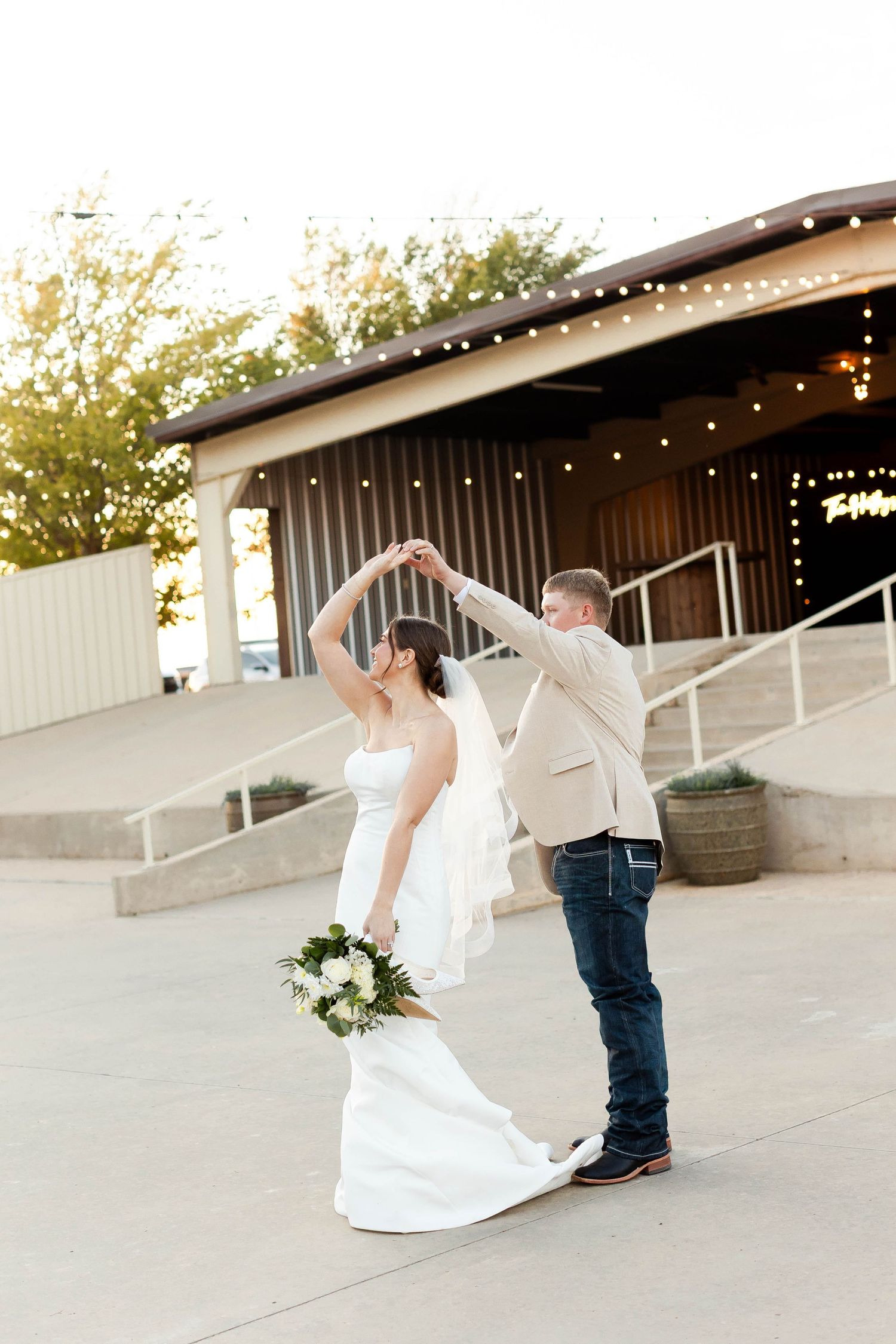 A sequence of romantic wedding photos showing a couple dipping and dancing on a concrete patio at sunset.
