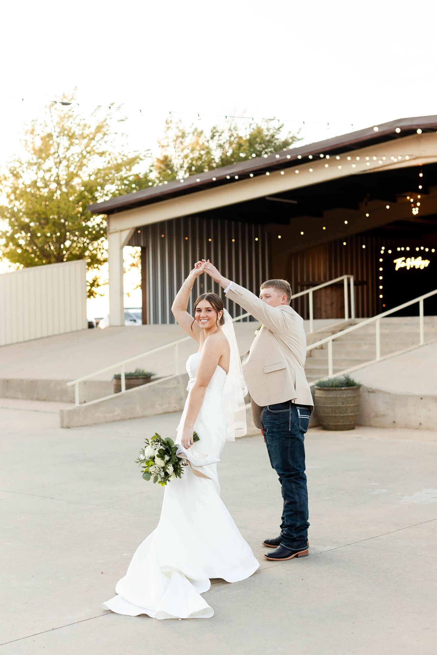 A sequence of wedding photos showing a bride twirling in her white dress on an outdoor concrete patio at sunset.