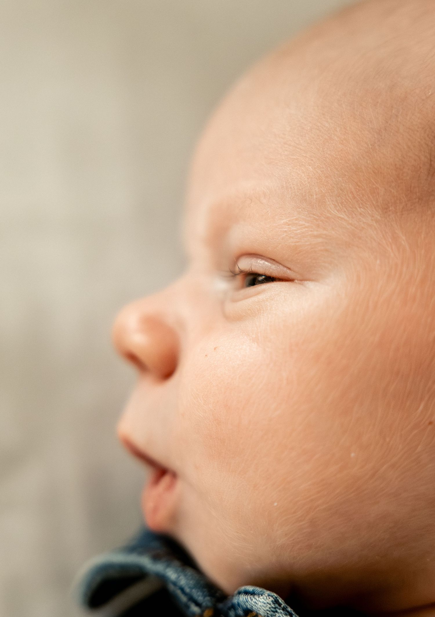 Close-up profile view of a baby's face in soft lighting showing delicate features and smooth skin.