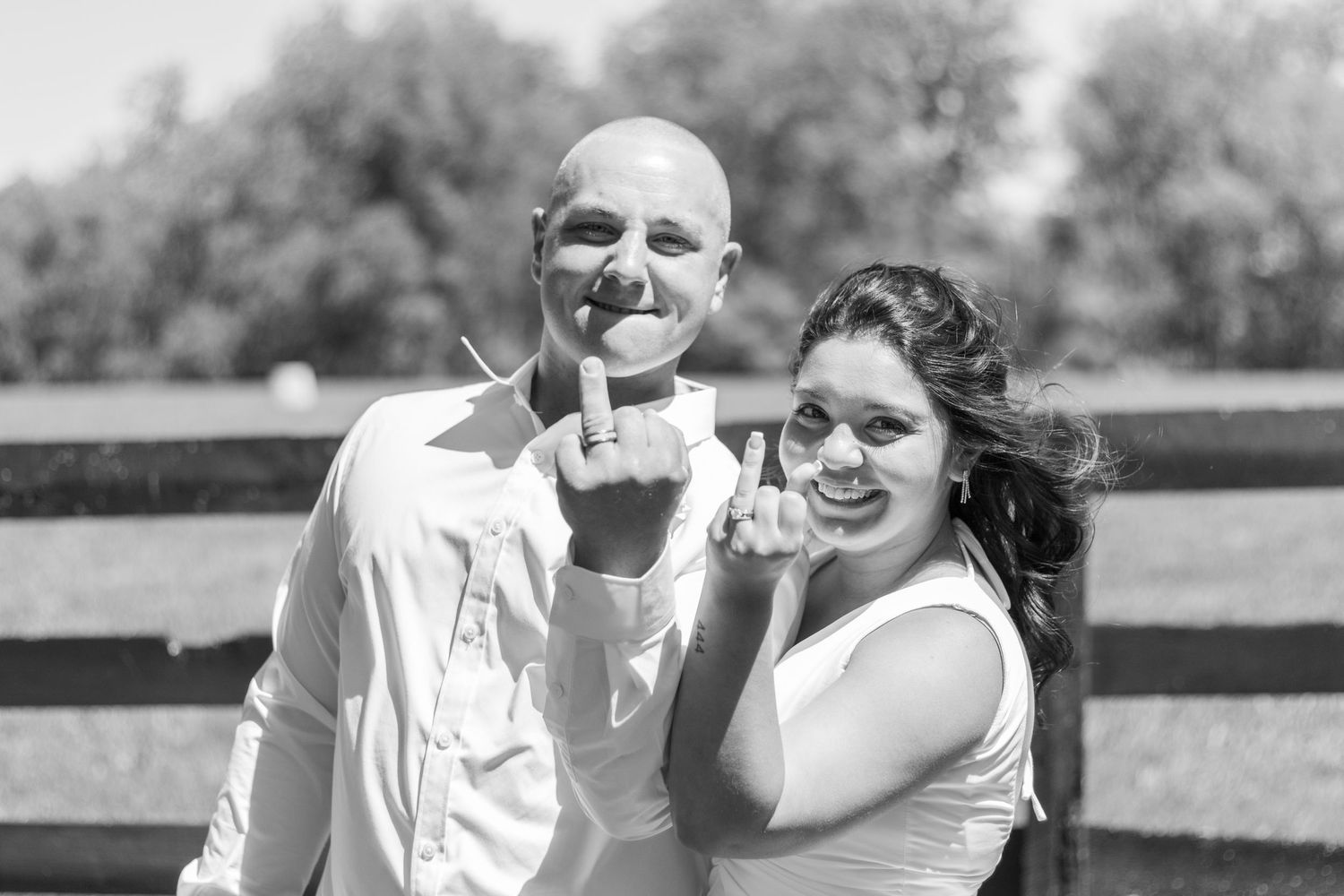 Black and white candid shots of wedding party members laughing together.