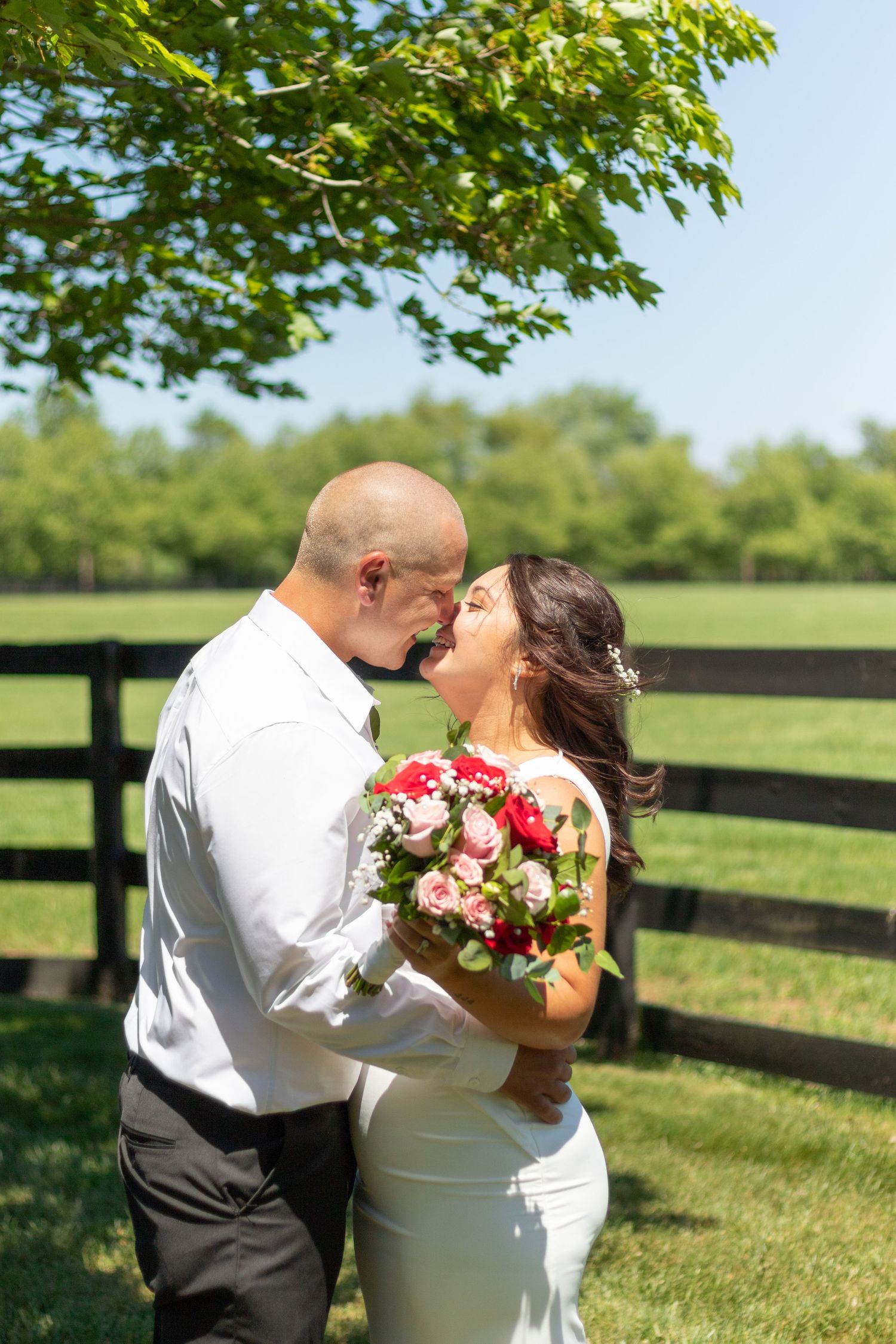 A couple shares a romantic kiss in a scenic outdoor setting with black fencing and green grass.