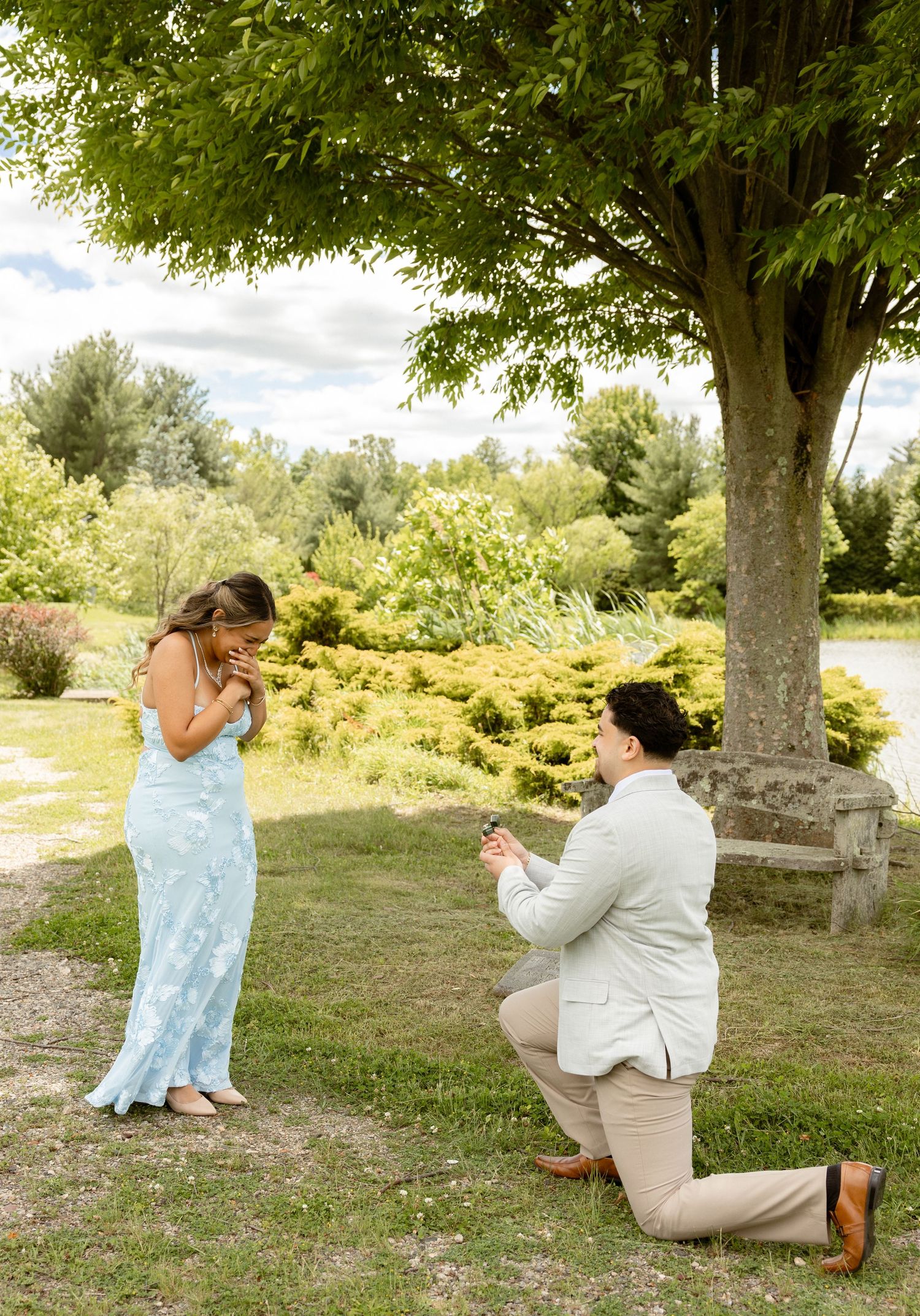 Man kneeling on one knee proposing to woman in blue dress outdoors under a tree in a lush green garden.