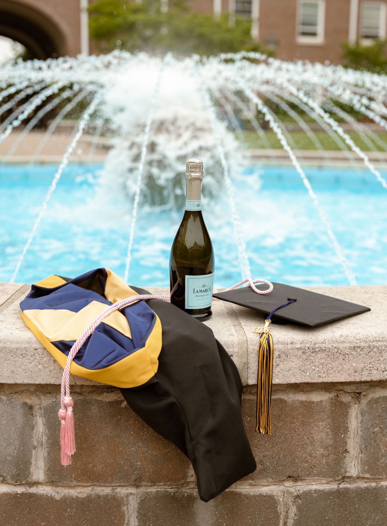 Graduation cap, gown, and champagne bottle displayed on a stone ledge in front of a decorative fountain.