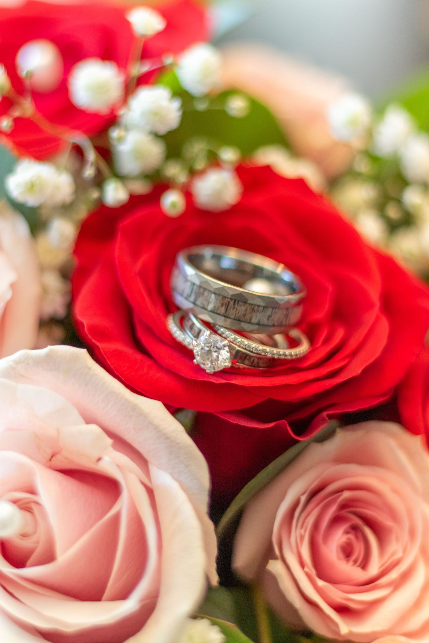 Wedding rings nestled on red and pink roses with delicate white flowers.