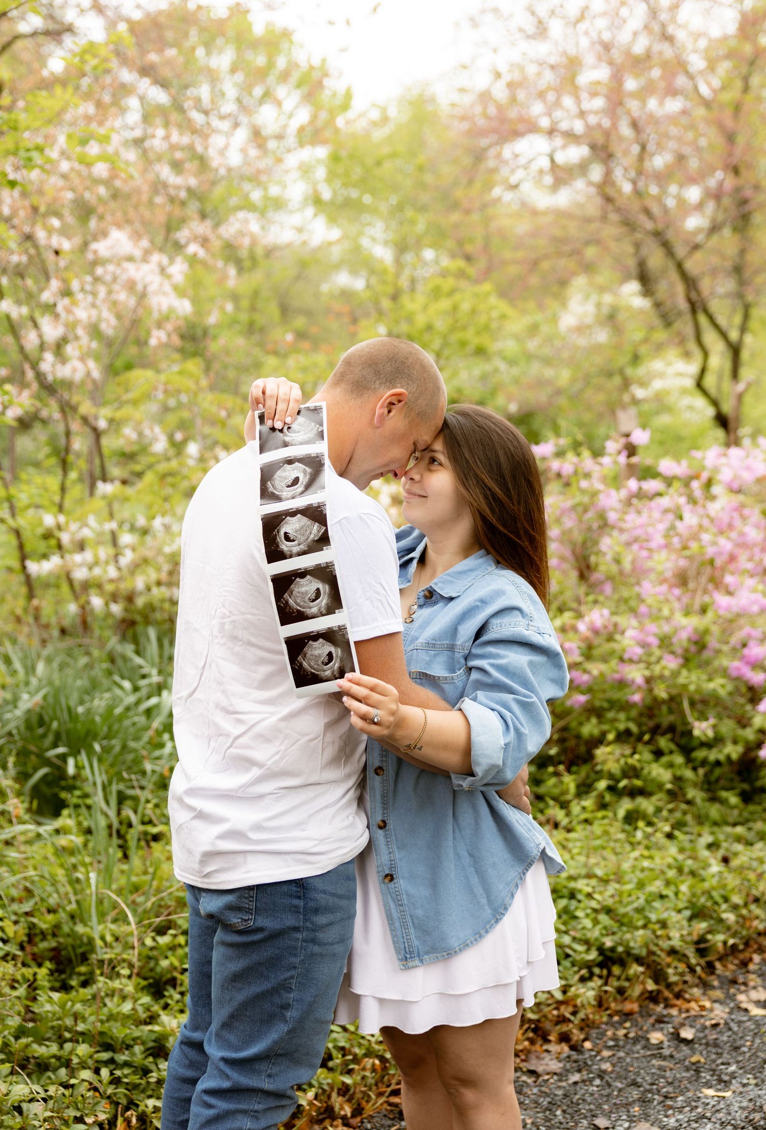 Couple sharing a kiss outdoors holding ultrasound photos, announcing pregnancy among blooming spring flowers.