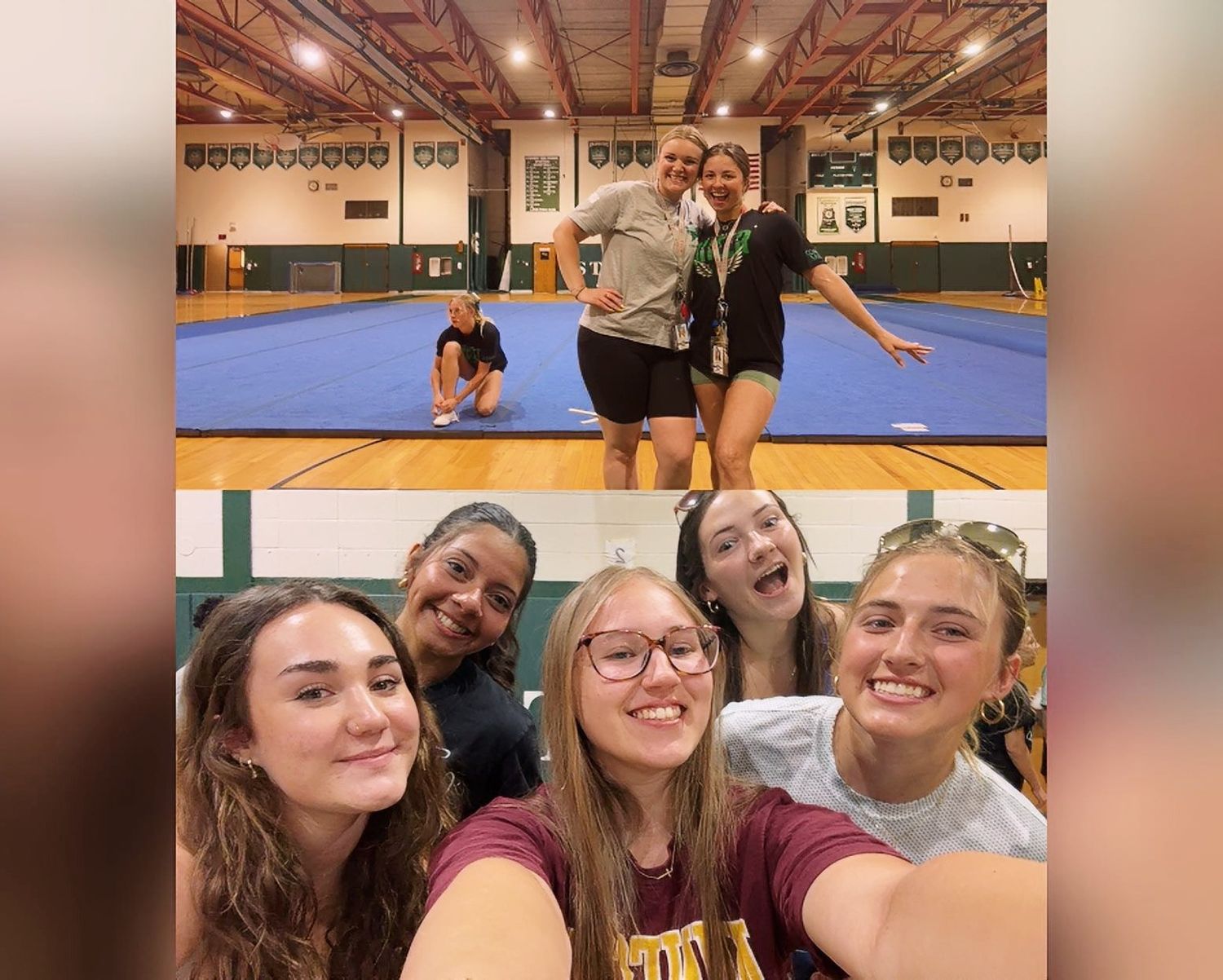 Group selfie photos taken in what appears to be a school gymnasium or recreation center.