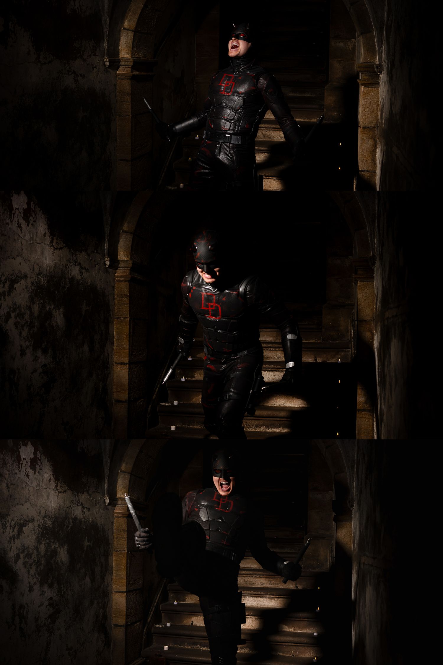 Dramatic cosplay photoshoot in dark stairwell with moody lighting and gothic aesthetic.